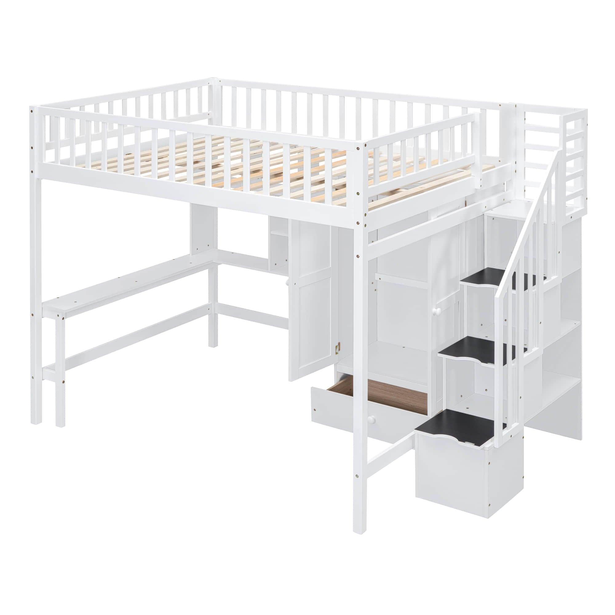 Full Size Loft Bed with Desk and Stairs, Storage - [Wood, Drawers, Wardrobe, Shelves]