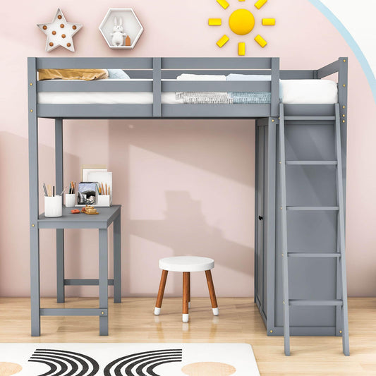 Wood Twin Loft Bed with Desk and Storage for Adults, Kids - [Wardrobe]