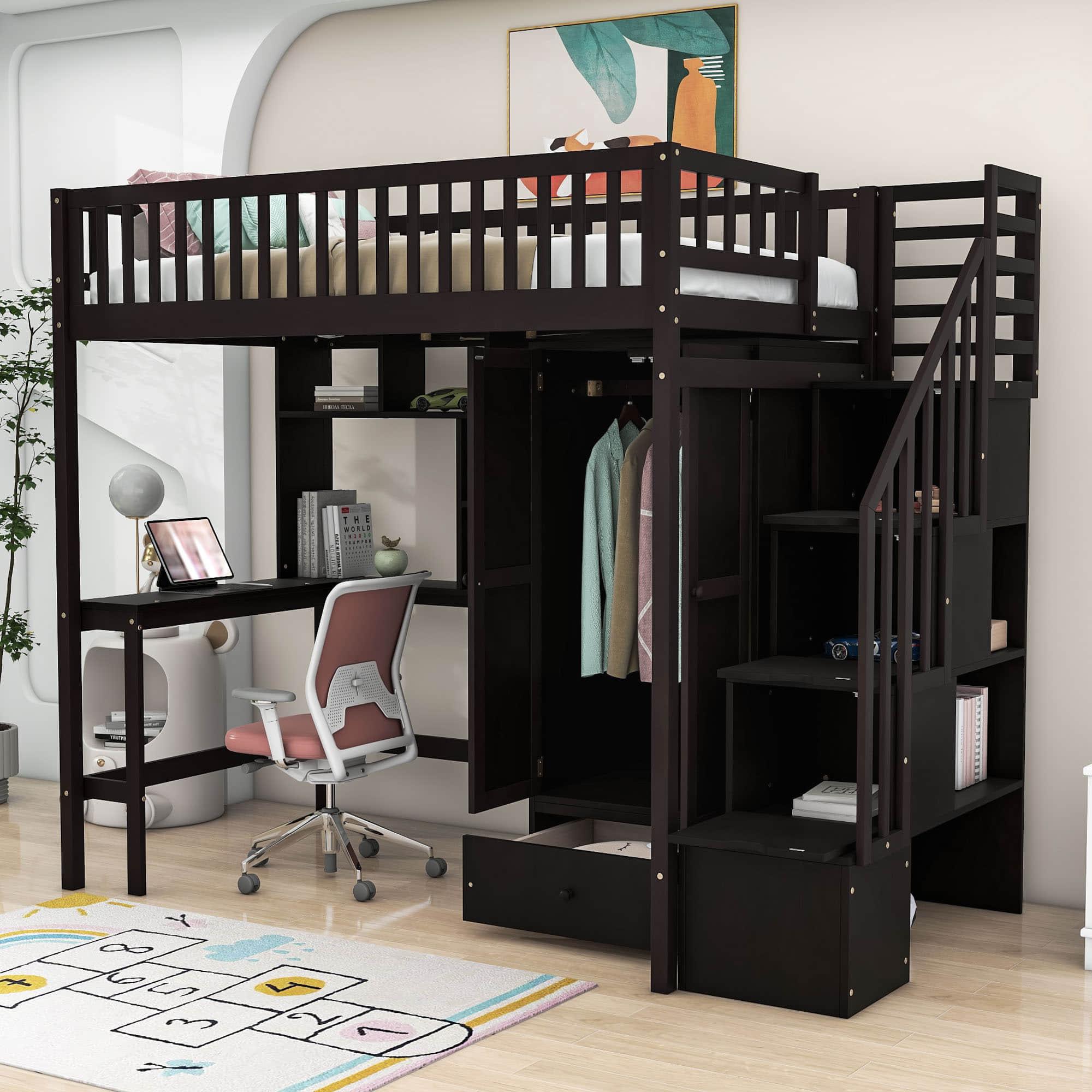 Twin Loft Bed with Desk and Storage Stairs - [Wood, Cabinet, Wardrobe, Shelves]