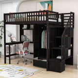 Twin Loft Bed with Desk and Storage Stairs - [Wood, Cabinet, Wardrobe, Shelves]