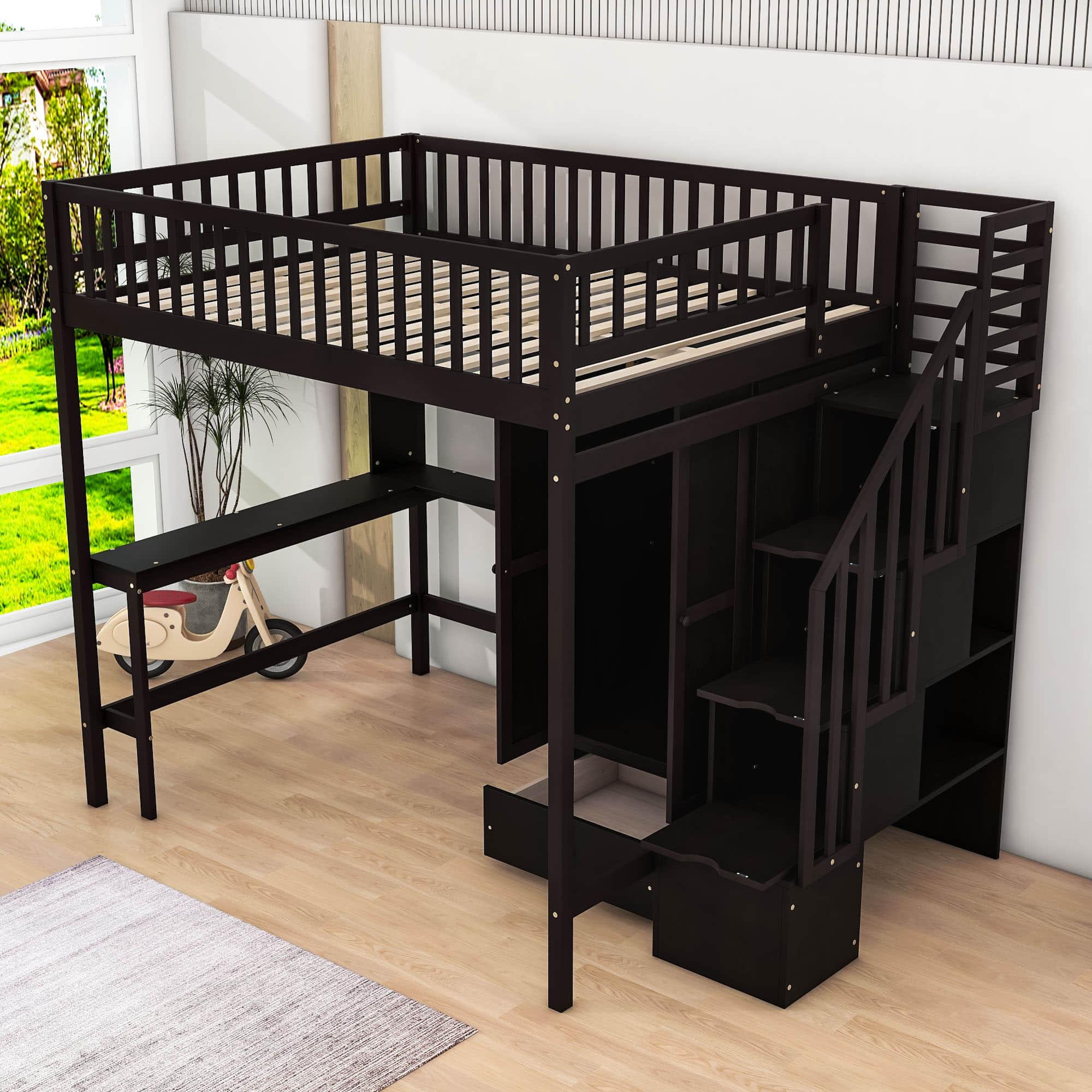 Full Size Loft Bed with Desk and Stairs, Storage - [Wood, Drawers, Wardrobe, Shelves]