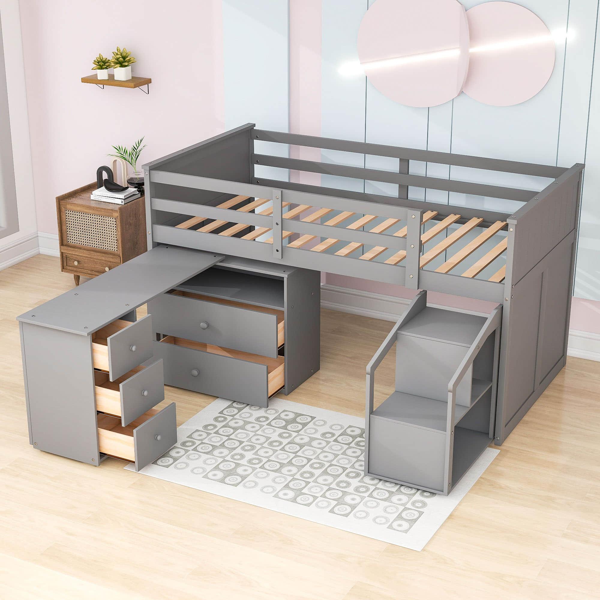 Low Twin Loft Bed with Portable Desk and Stairs, Storage - [Wood, Drawers, Shelves]