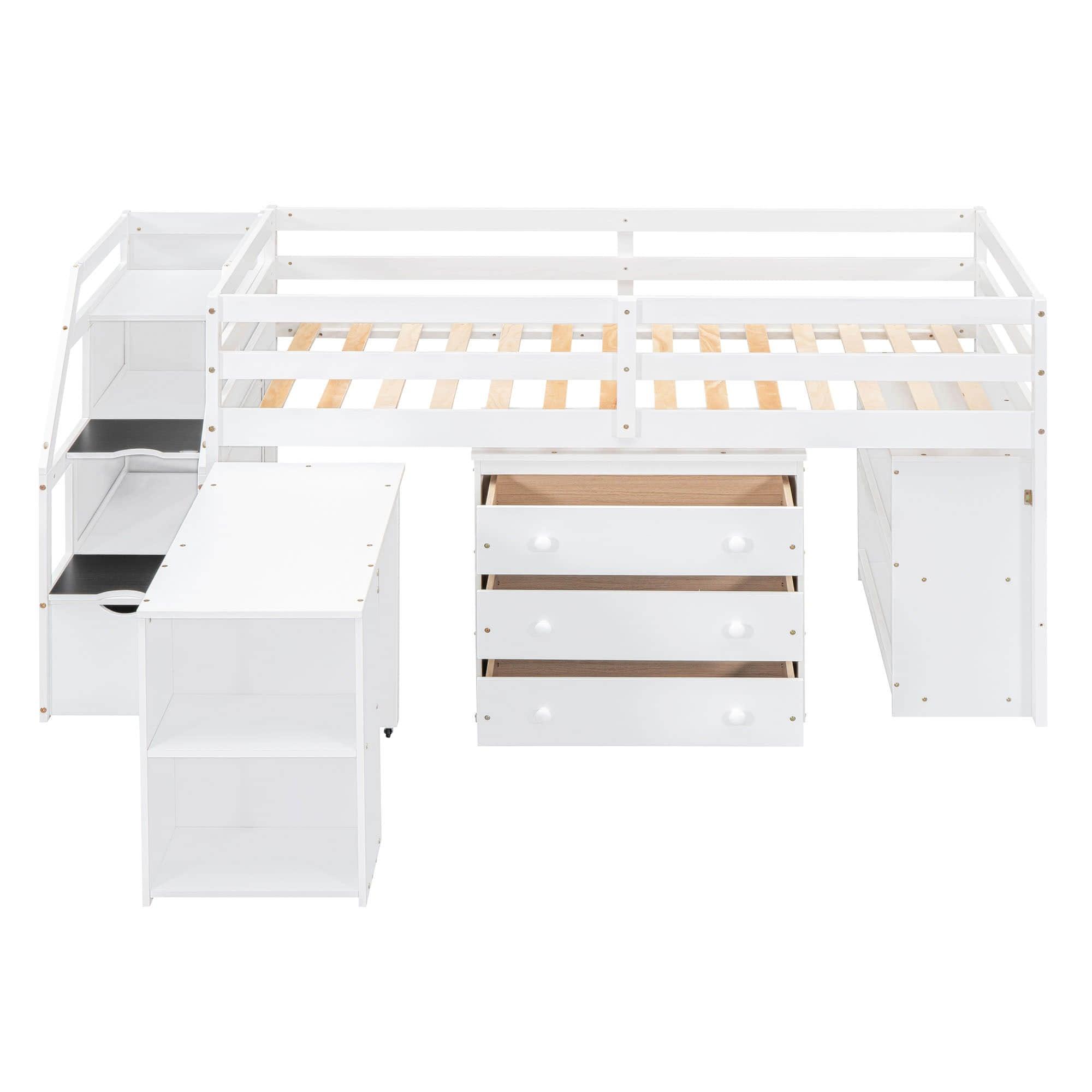 Low Twin Kids Loft Bed with Desk and Stairs, Storage - [Dresser]