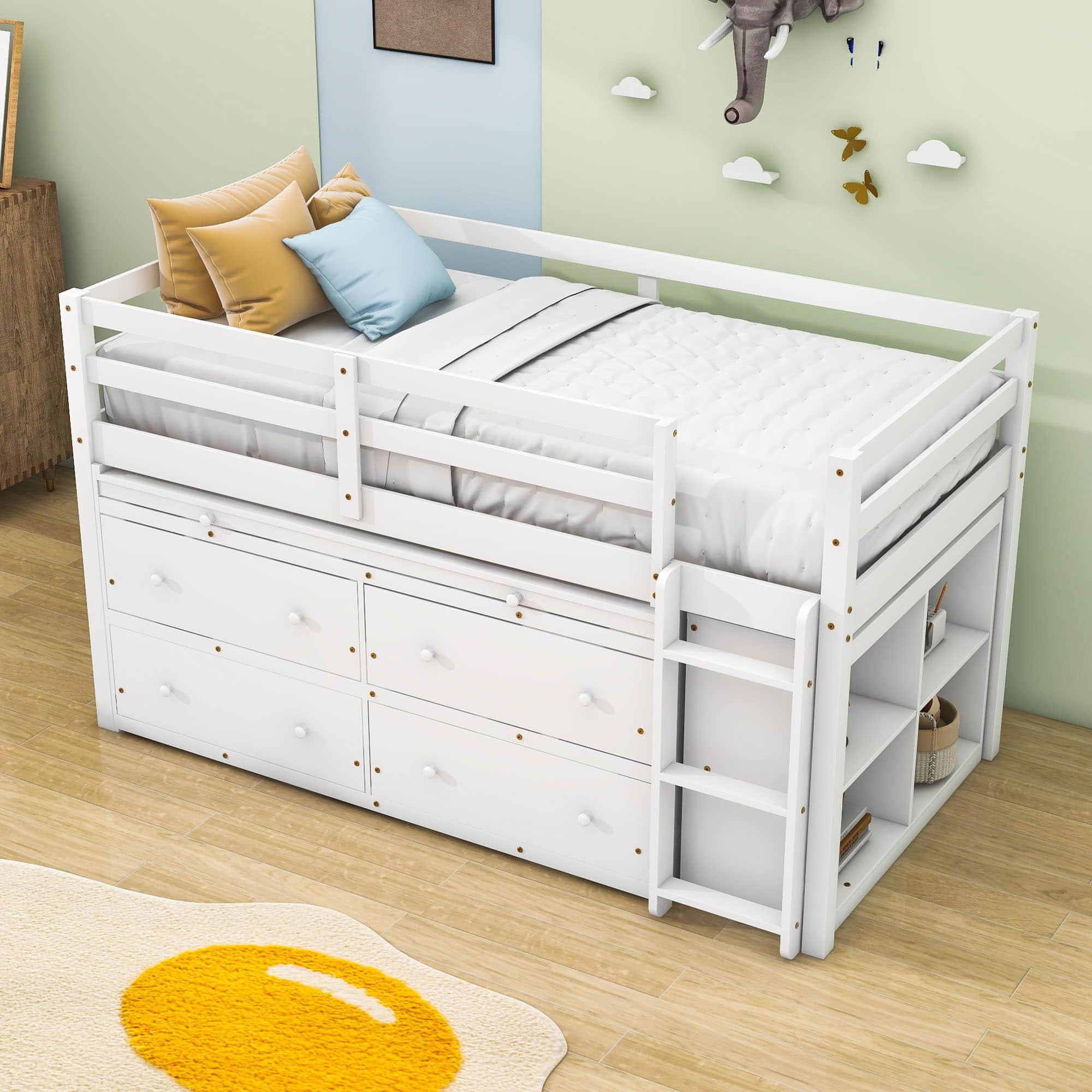 Low Twin Loft Bed with Desk and Storage Drawers for Kids, Toddler