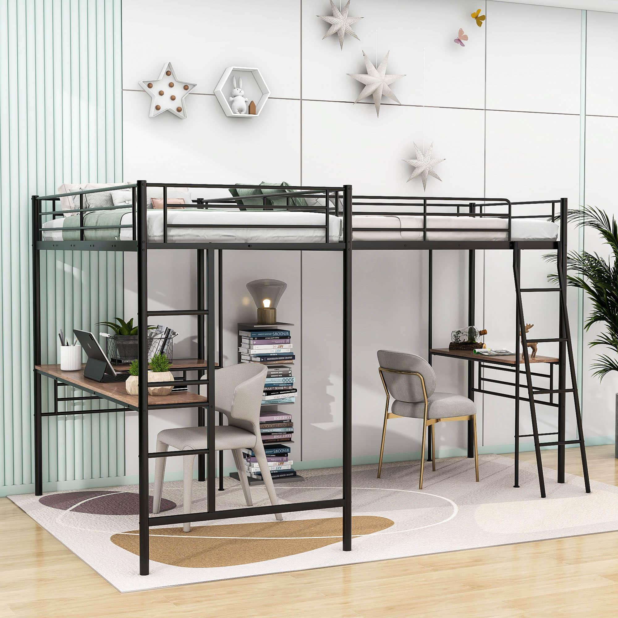 L-Shaped Double Black Metal Twin Loft Bed with Desks for 2 Person - [Corner]