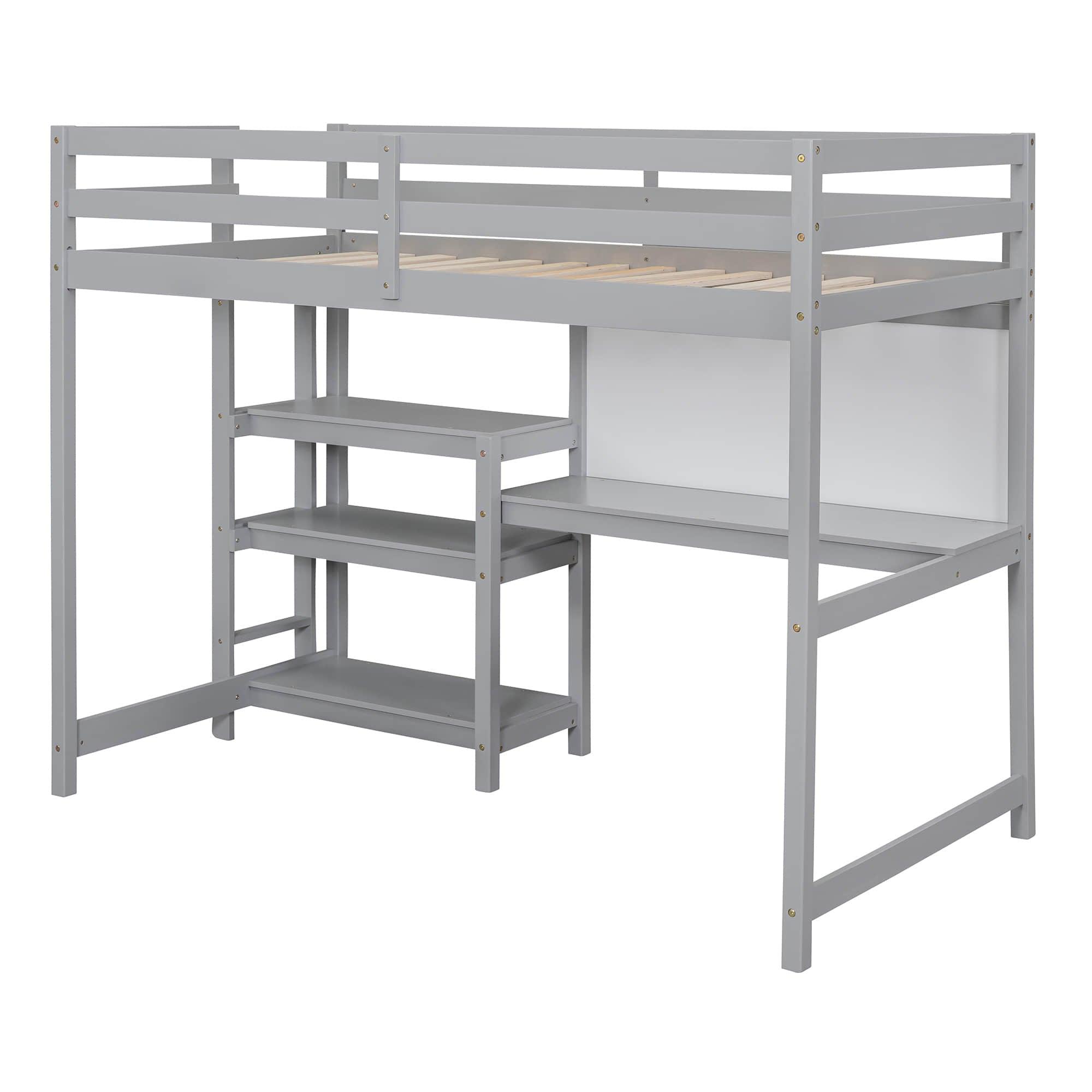 Wooden Twin Loft Bed with Desk and Storage Shelves for Adult, Kids, Junior