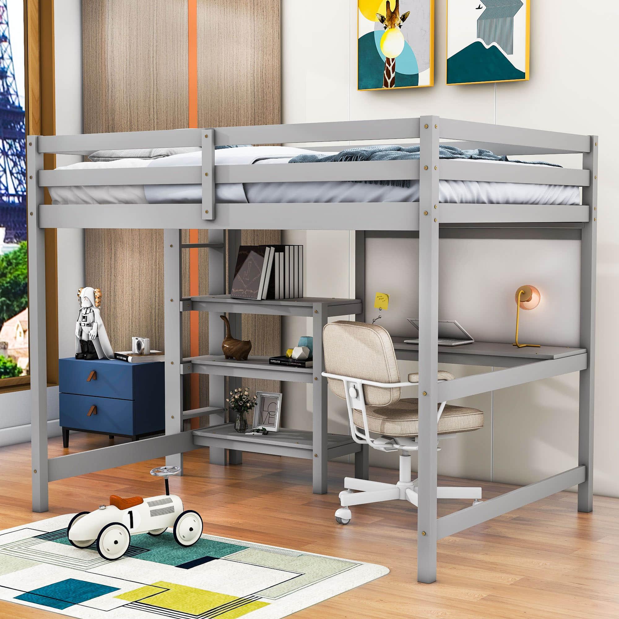 Wooden Full Loft Bed with Desk and Storage Shelves for Adult, Kids, Junior