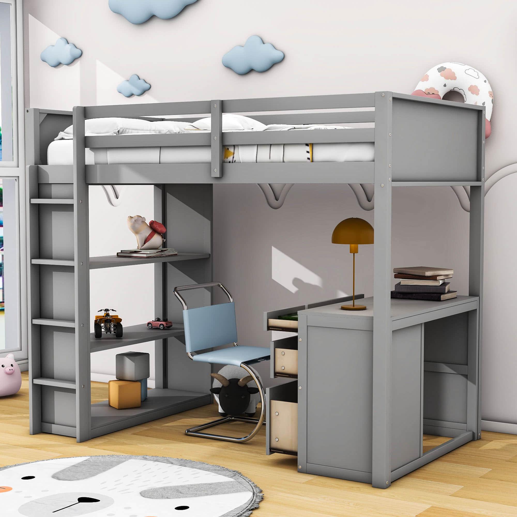 Twin Size Loft Bed with Desk and Storage Drawers, Shelves for Adults, Kids - [Wood]