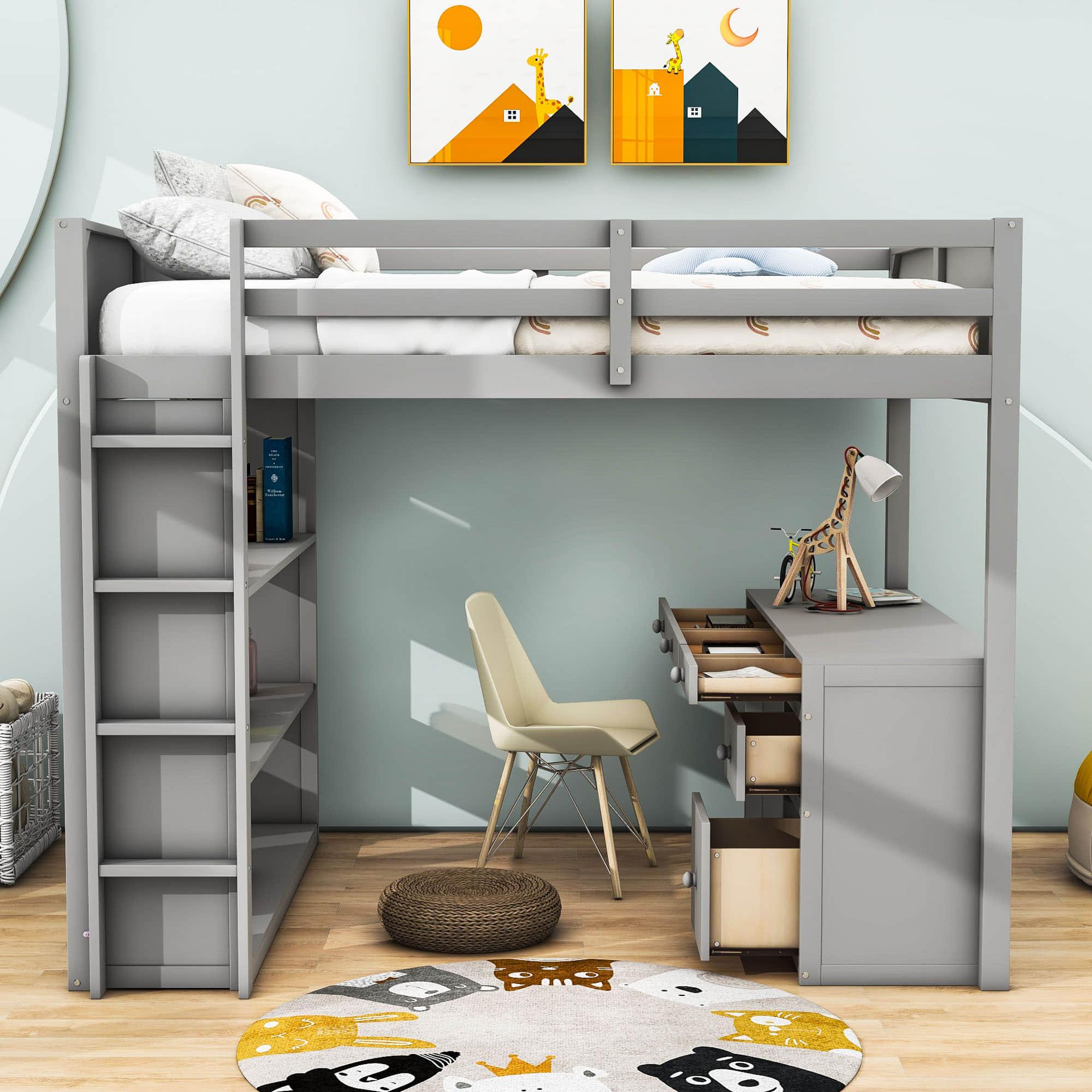 Full Size Loft Bed with Desk and Storage Drawers, Shelves for Adults, Kids - [Wood]