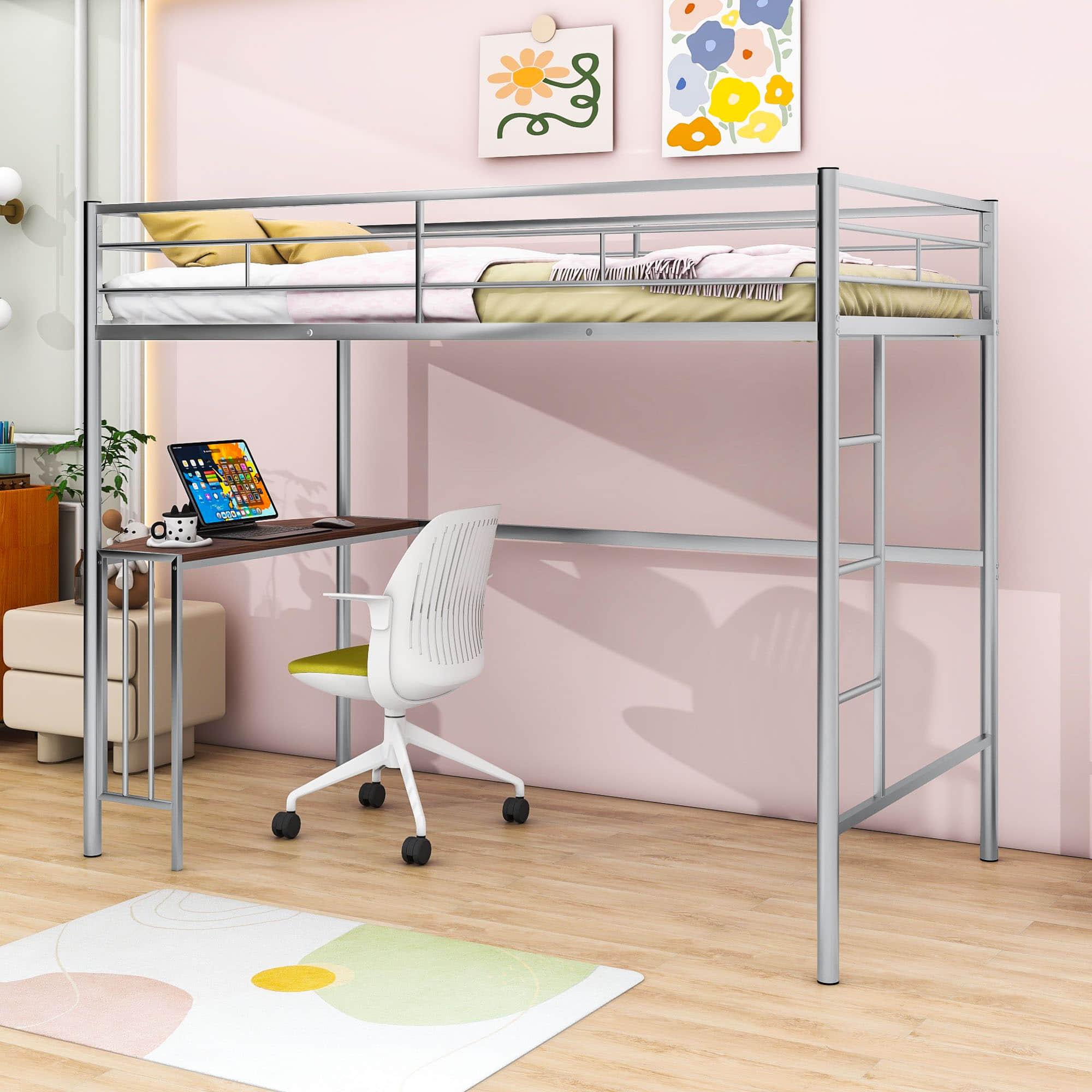 Twin Metal Loft Bed with Desk Underneath for Teen, Junior, Adult