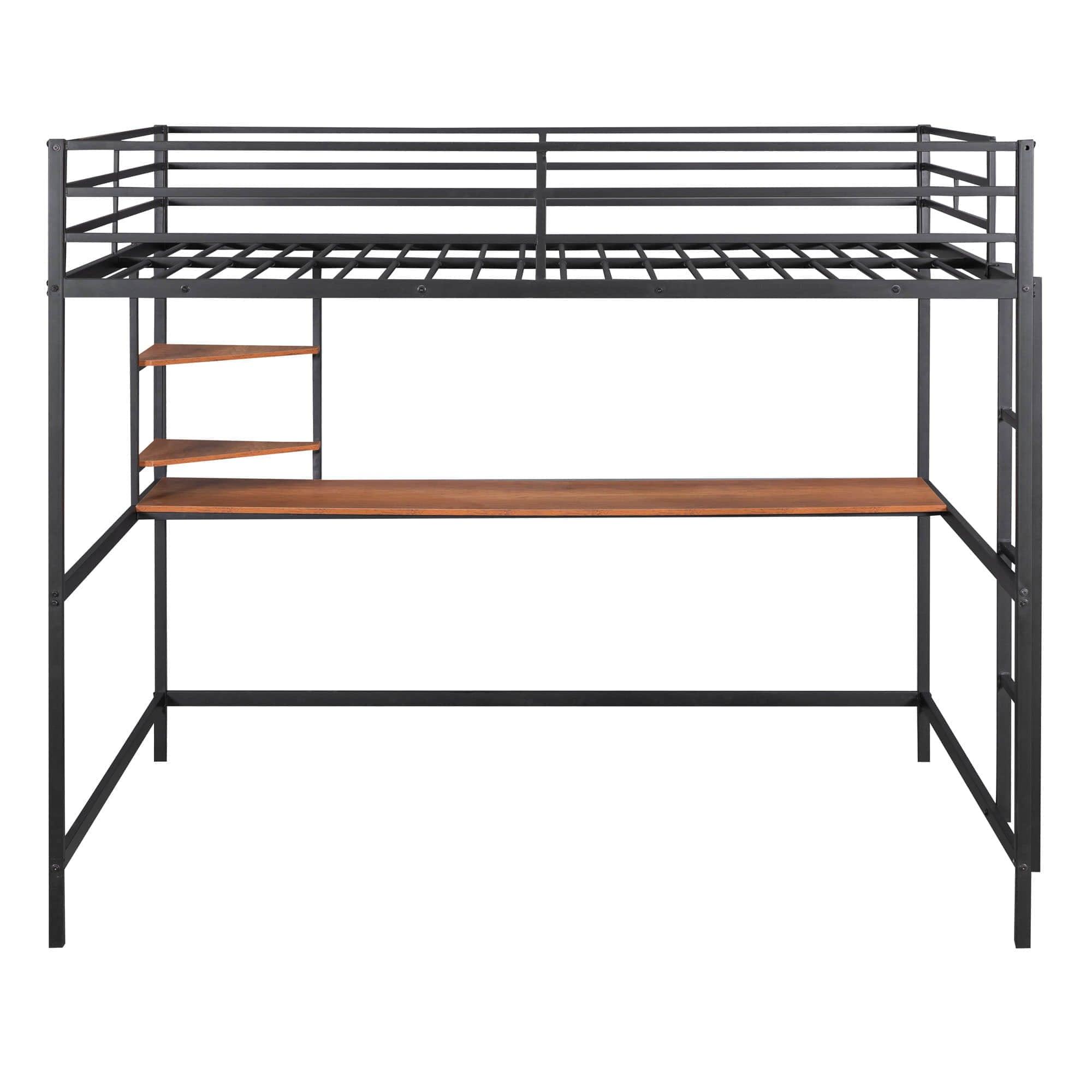 Full Size Metal Loft Bed with Desk and Shelves for Kids, Adults, Teens