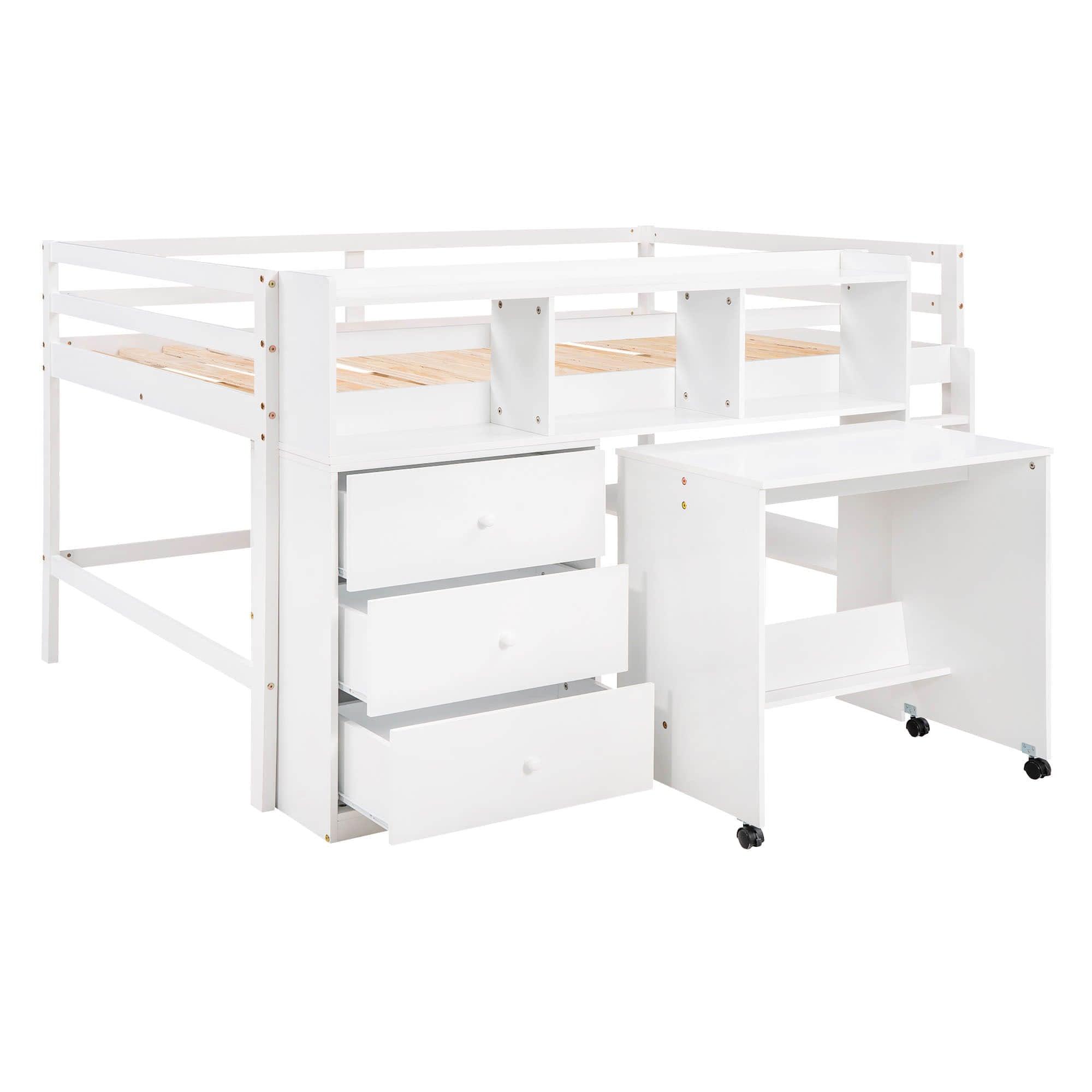 Kids Full Size Low Loft Bed with Portable Desk and Storage - [Wood, Drawers, Shelves]