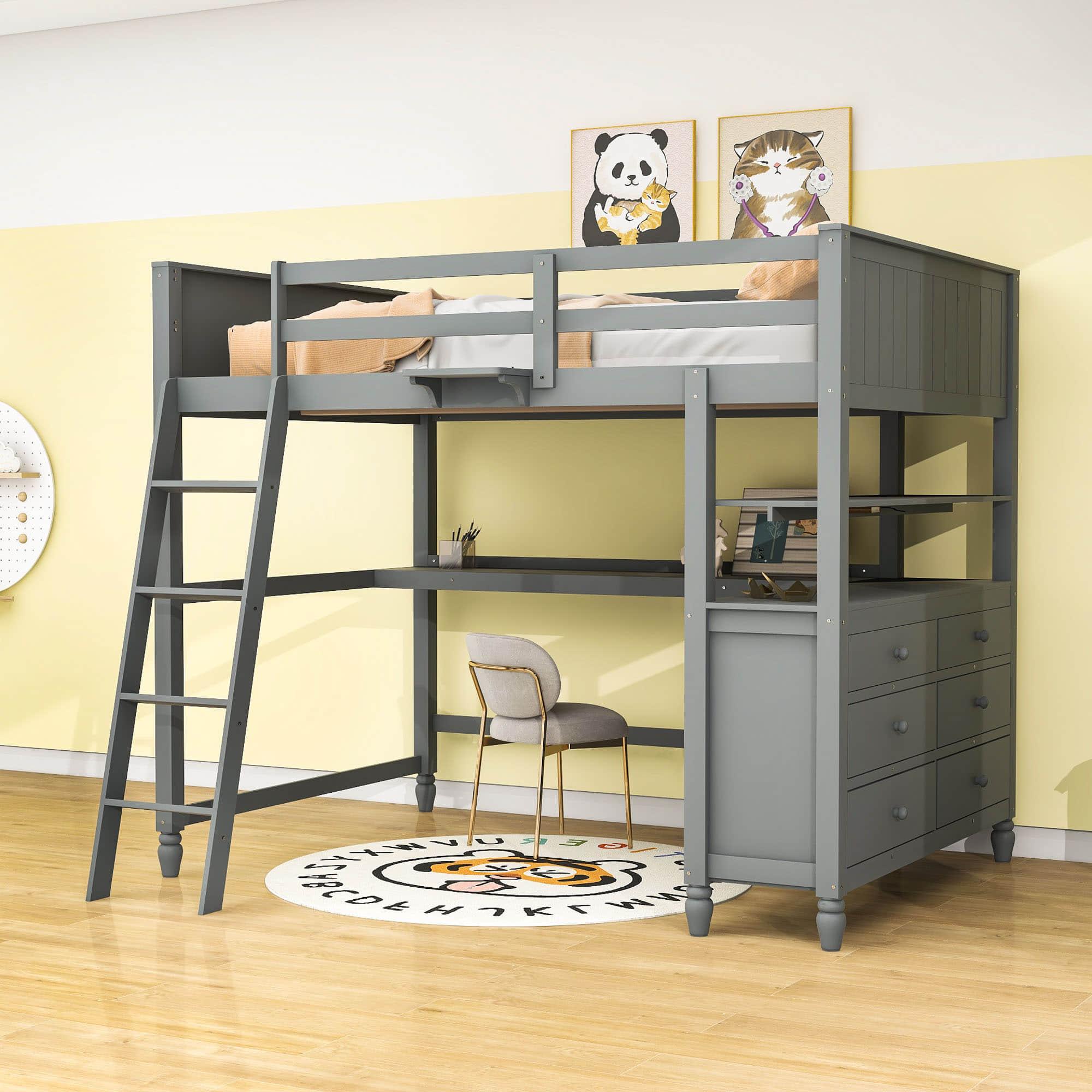 Full Size Loft Bed with Desk and Storage Dresser for Adult, Kids - [Wood, Drawers, Shelves]