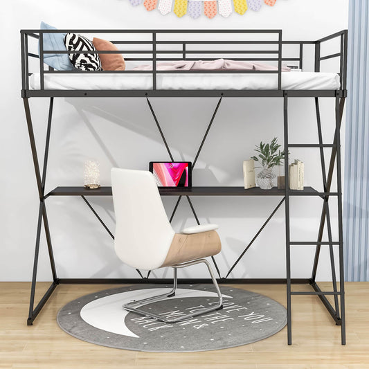 Metal Twin Loft Bed with Desk Underneath for Adults, Teens