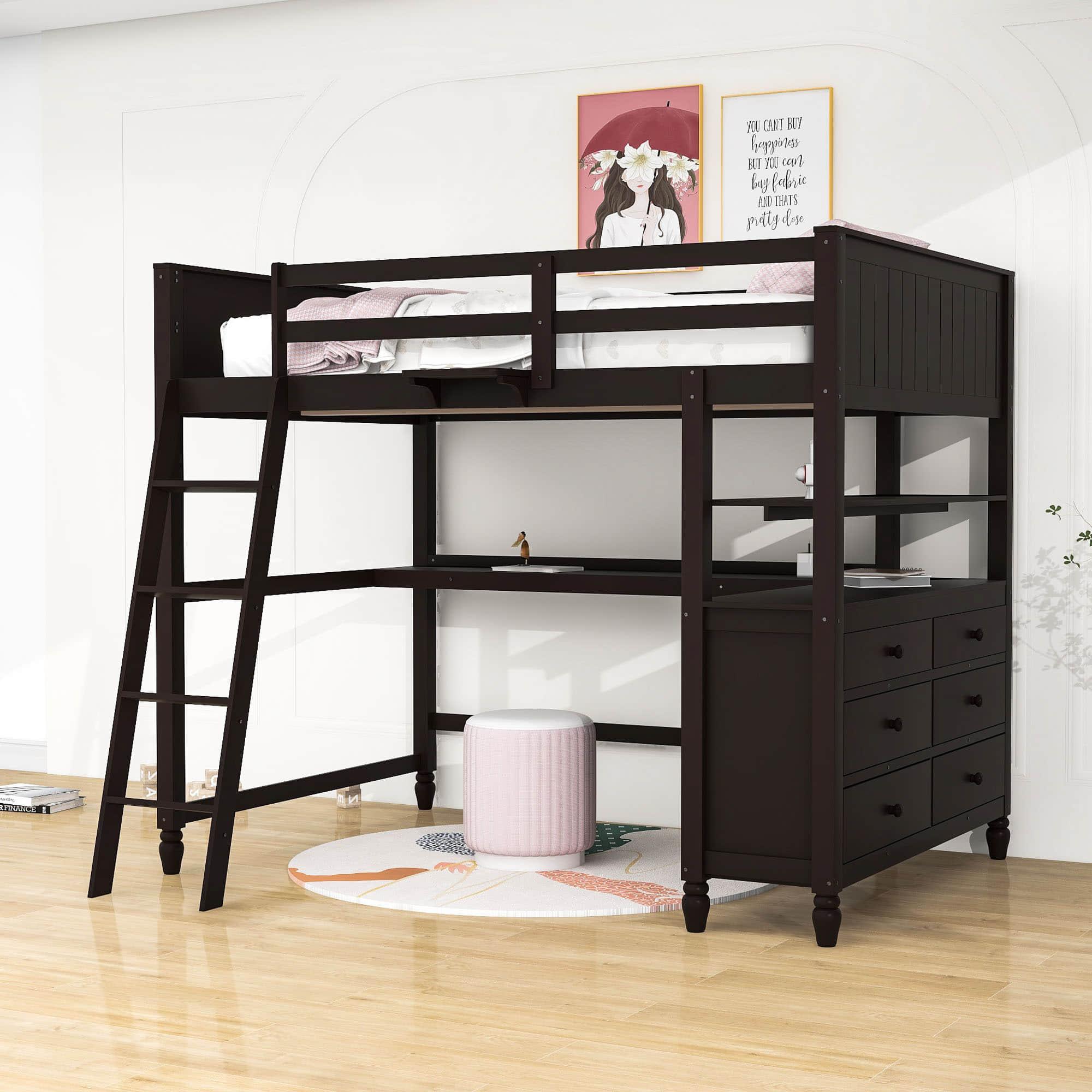 Full Size Loft Bed with Desk and Storage Dresser for Adult, Kids - [Wood, Drawers, Shelves]