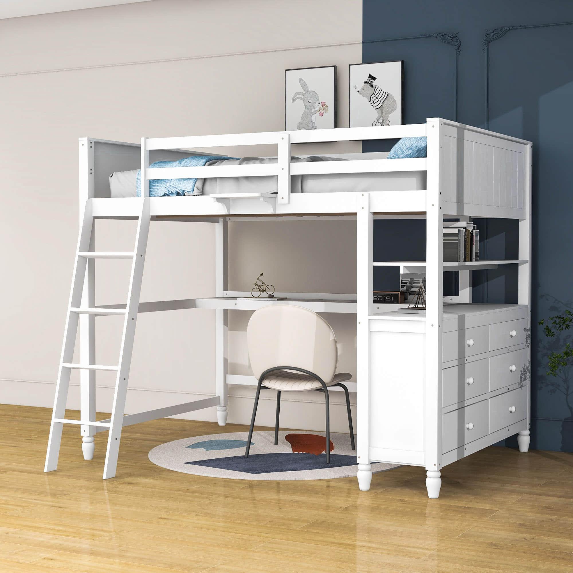 Full Size Loft Bed with Desk and Storage Dresser for Adult, Kids - [Wood, Drawers, Shelves]