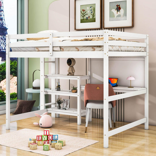 Wooden Full Loft Bed with Desk and Storage Shelves for Adult, Kids, Junior