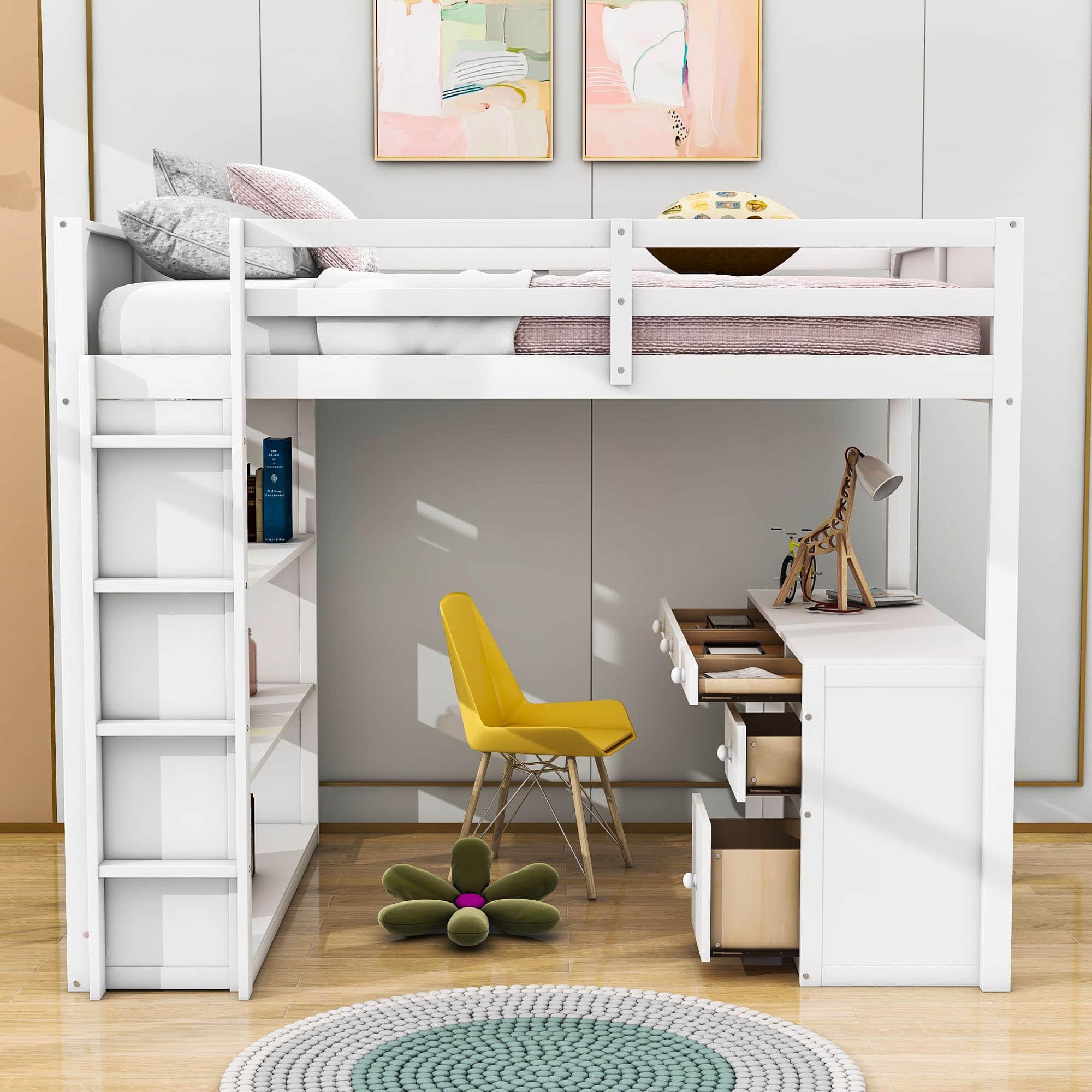 Full Size Loft Bed with Desk and Storage Drawers, Shelves for Adults, Kids - [Wood]