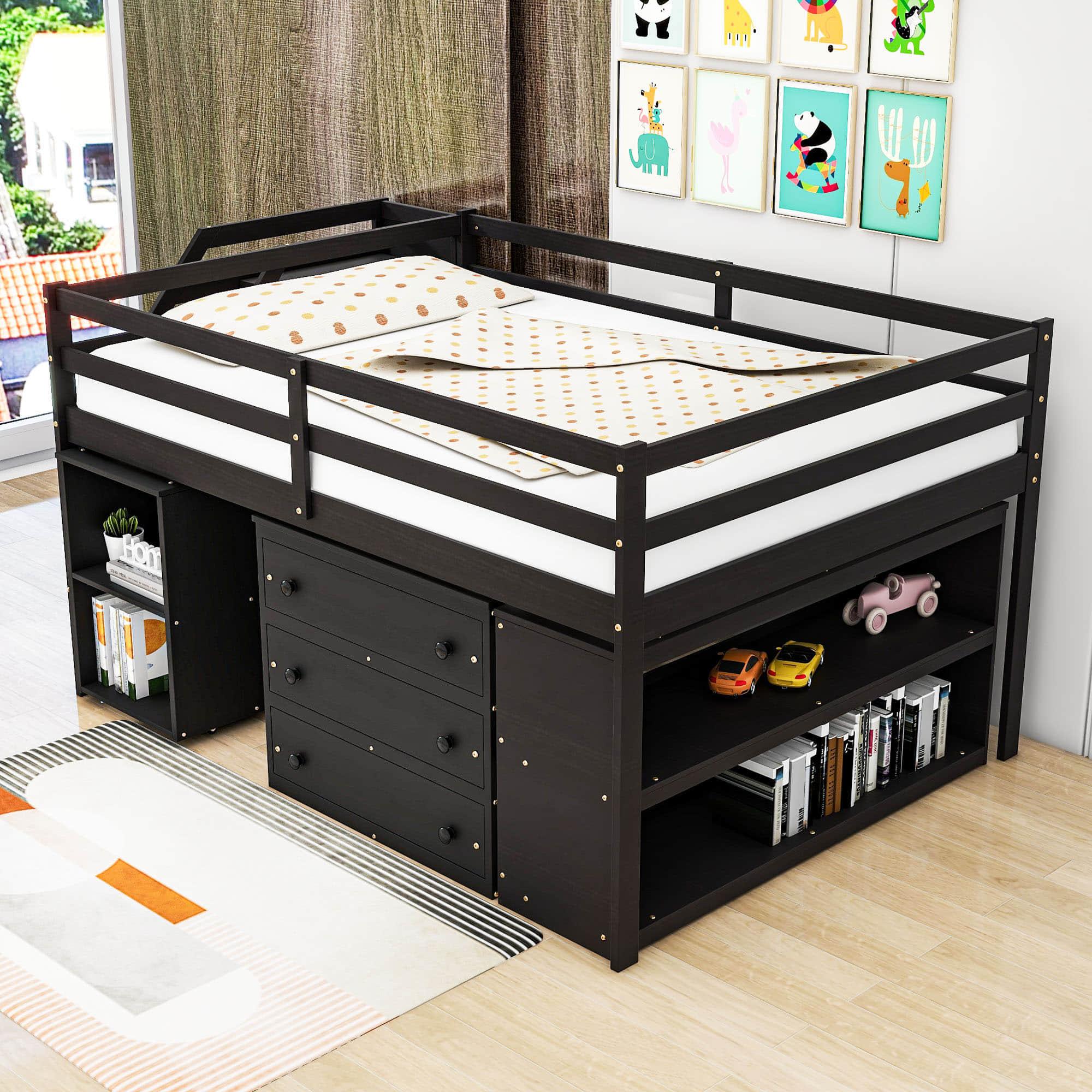 Full Size Kids Low Loft Bed with Desk and Stairs, Storage - [Dresser]