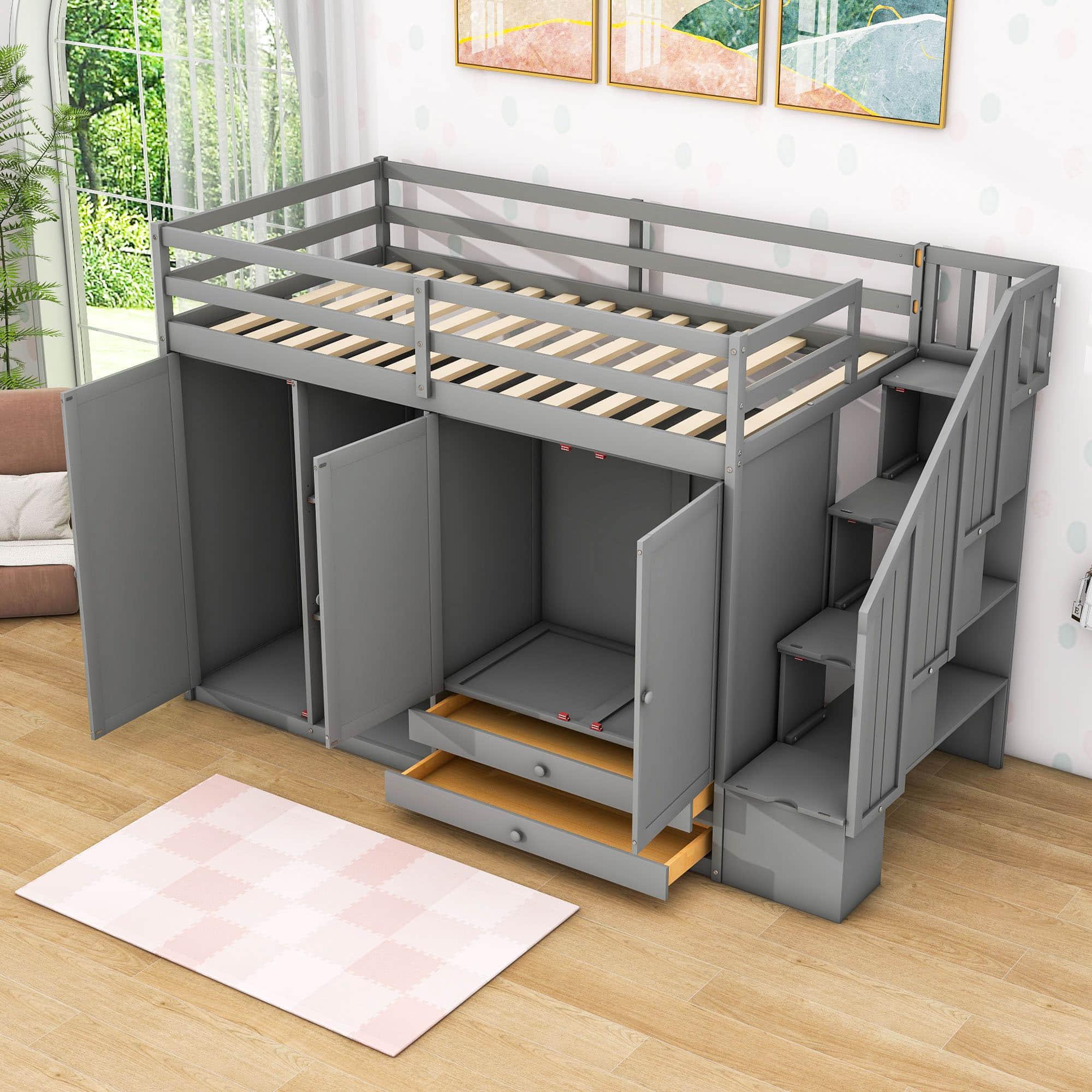 Medium Twin Loft Bed with Stairs and Storage - [Wood, Drawers, Wardrobe, Shelves]