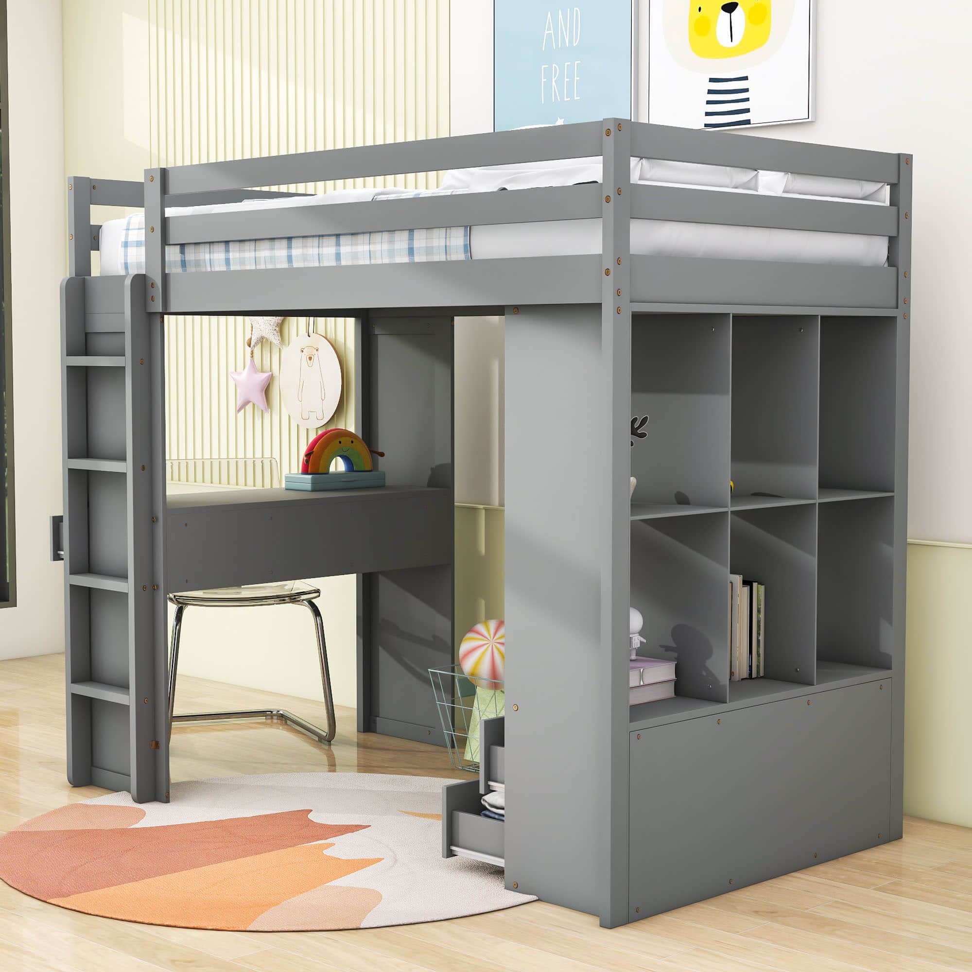 Modern Twin Loft Bed with Desk and Storage, LED Light for Adults, Teens