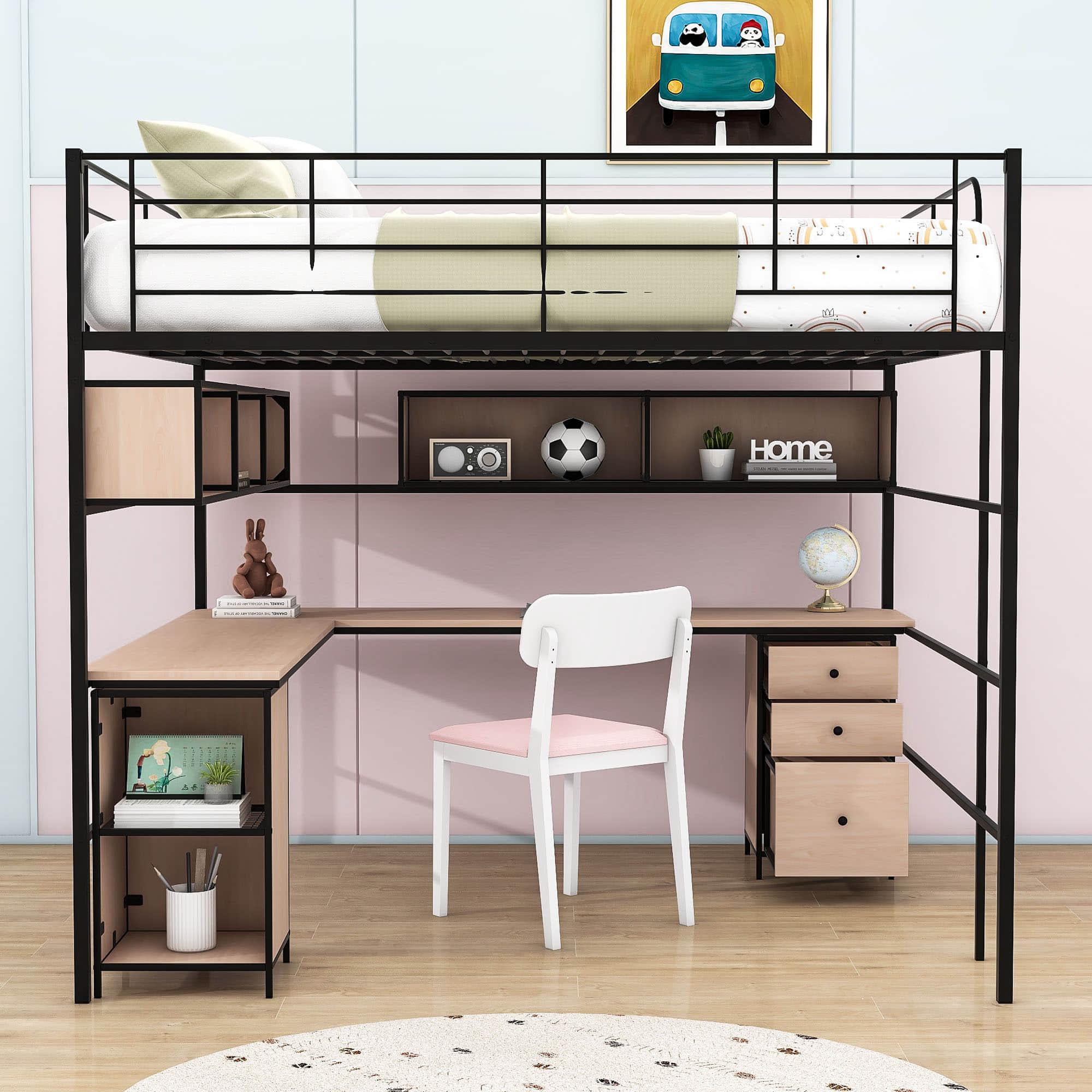 Metal Full Size Loft Bed with Desk and Storage for Adults, Teens