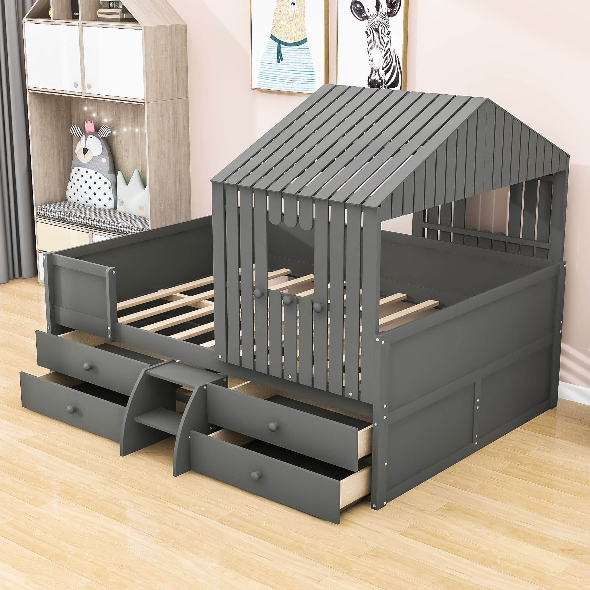 Full Size Low House Toddler Loft Bed with Stairs and Storage - [2 Steps]