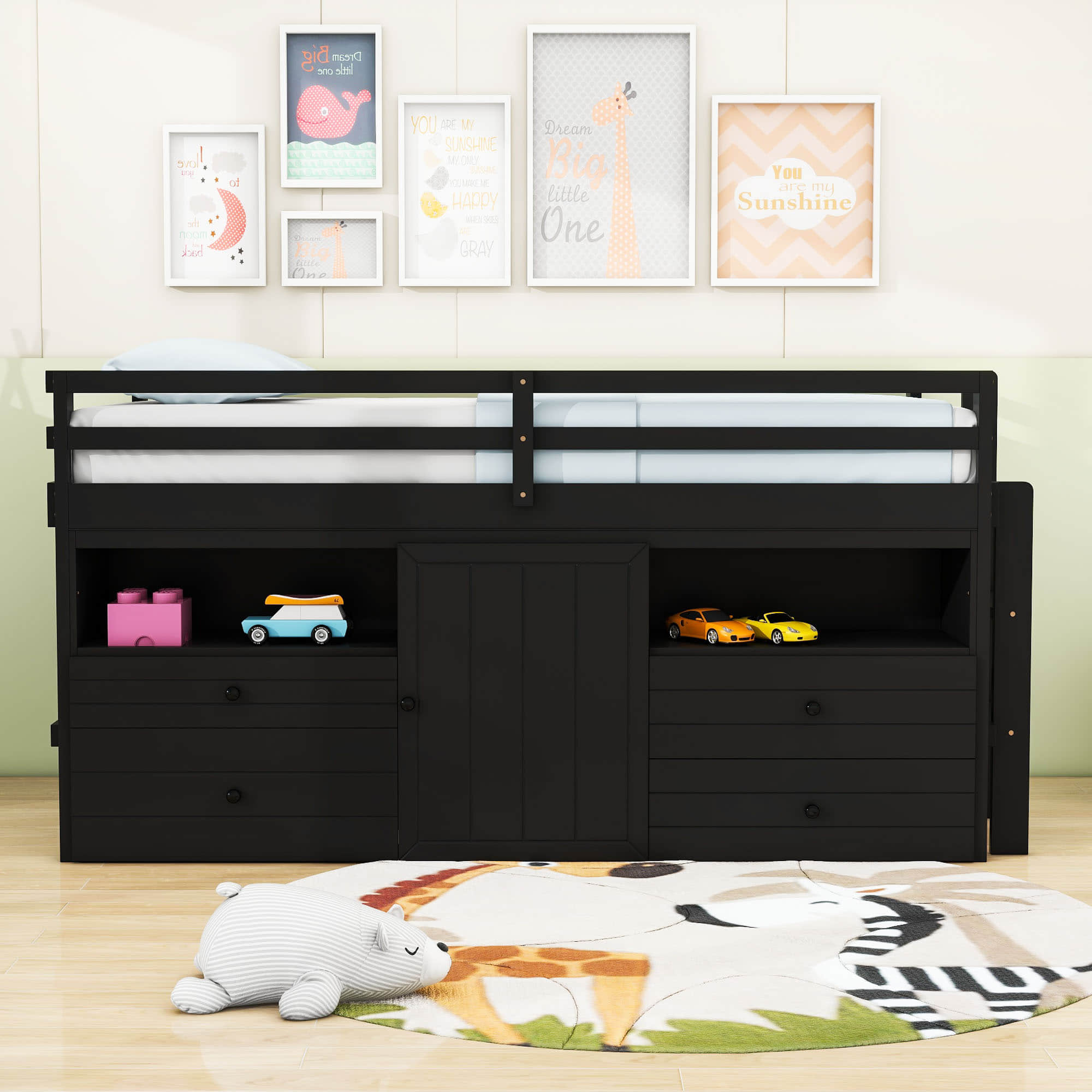 Low Twin Loft Bed Frame with Storage for Kids - [Drawers, Cabinet, Shelves]