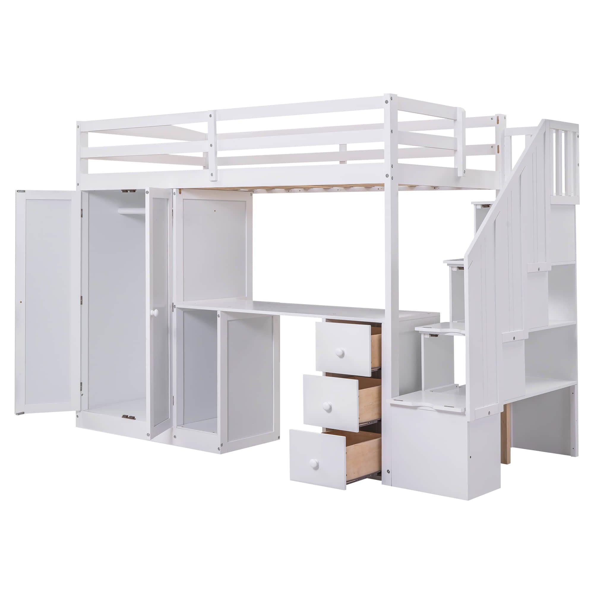 Twin Loft Bed with Desk and Storage Stairs, Drawers - [Wood, Wardrobe, Shelves]