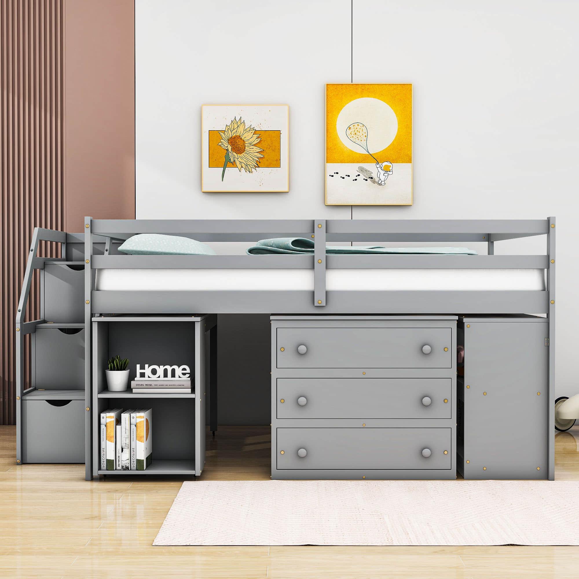 Full Size Kids Low Loft Bed with Desk and Stairs, Storage - [Dresser]