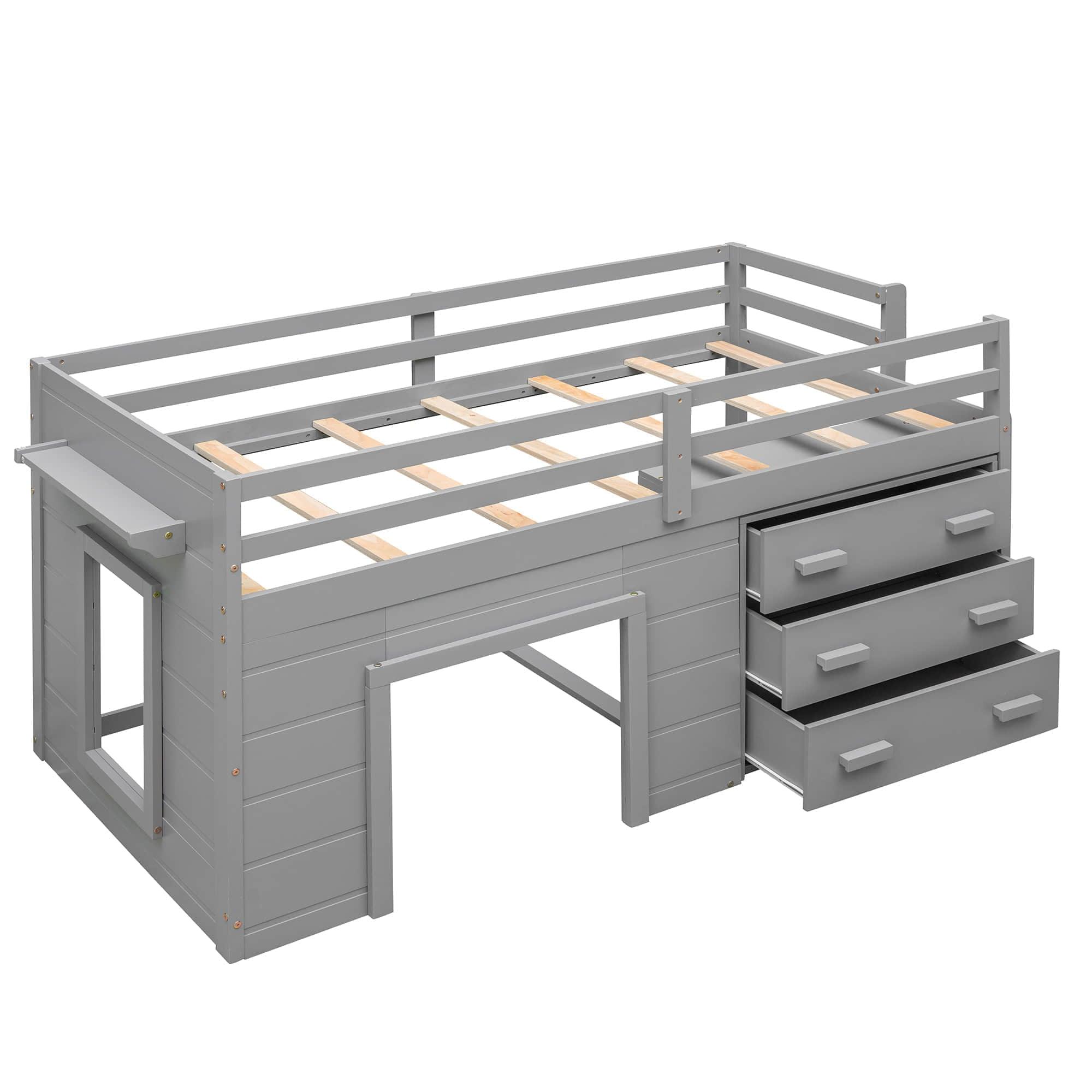 Low Twin Loft Bed with Detachable Storage Dresser for Kids - [Wood, Playhouse, Drawers]