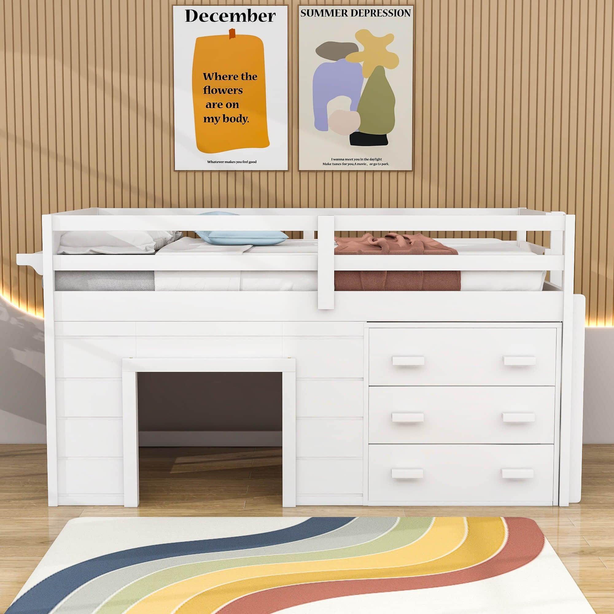 Low Twin Loft Bed with Detachable Storage Dresser for Kids - [Wood, Playhouse, Drawers]