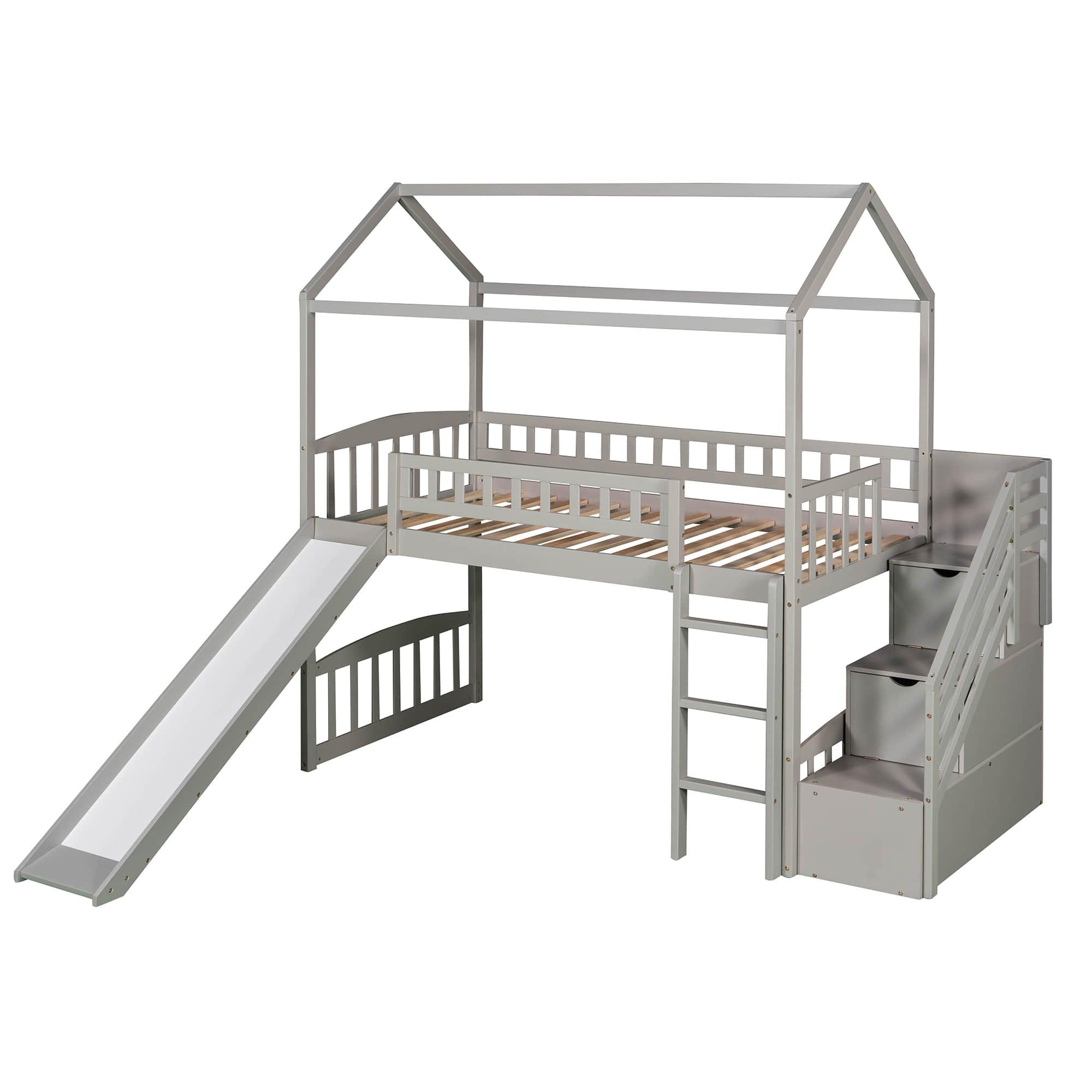 Kids Twin Playhouse Loft Bed with Storage Stairs and Slide - [Wood, Low]