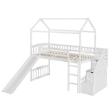 Kids Twin Playhouse Loft Bed with Storage Stairs and Slide - [Wood, Low]