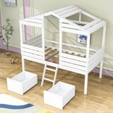 Twin Low Loft FarmHouse Bed with Storage Drawers for Kids - [Wood]