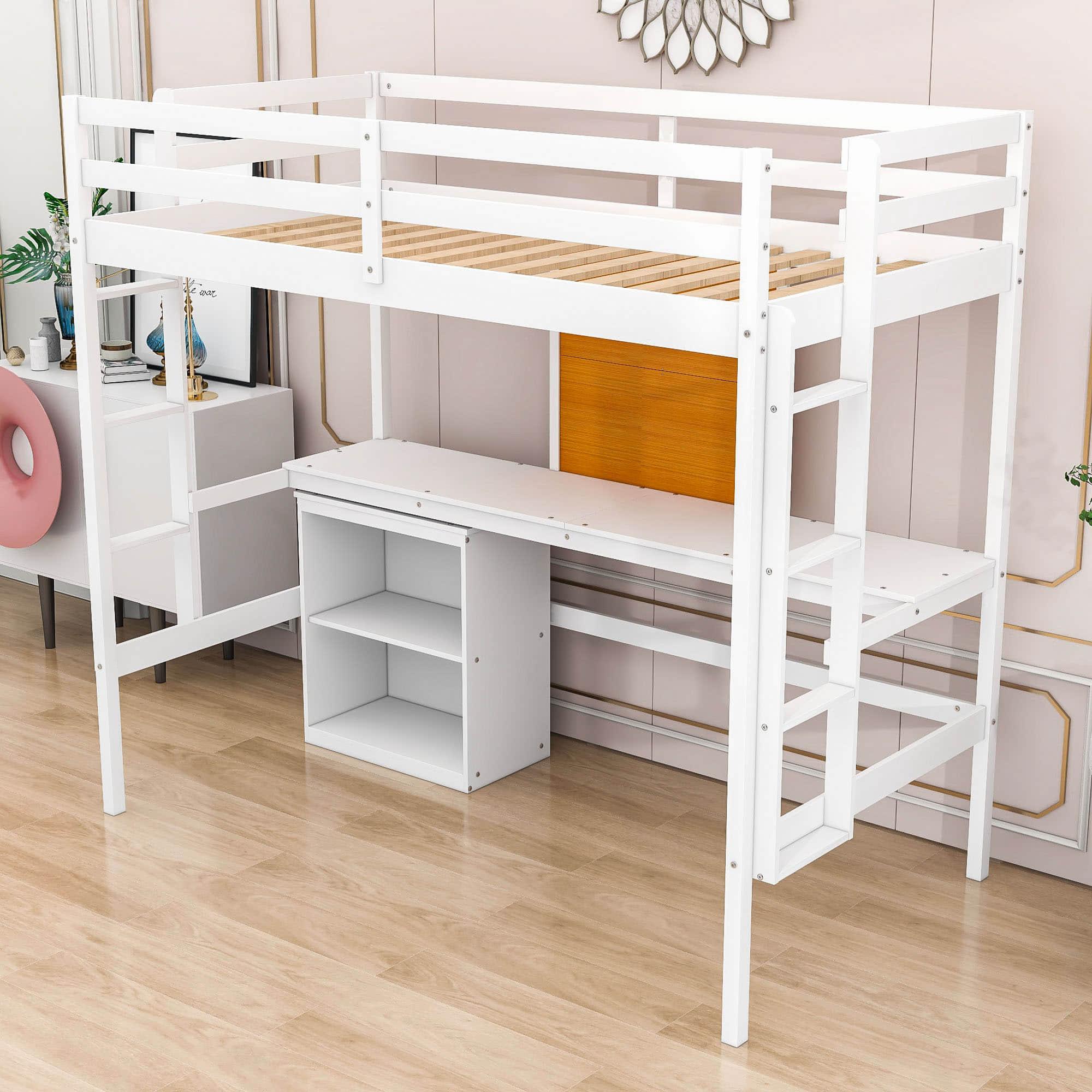 Wood Twin Loft Bed with Desk and Storage for Adults, Kids - [Cabinet]