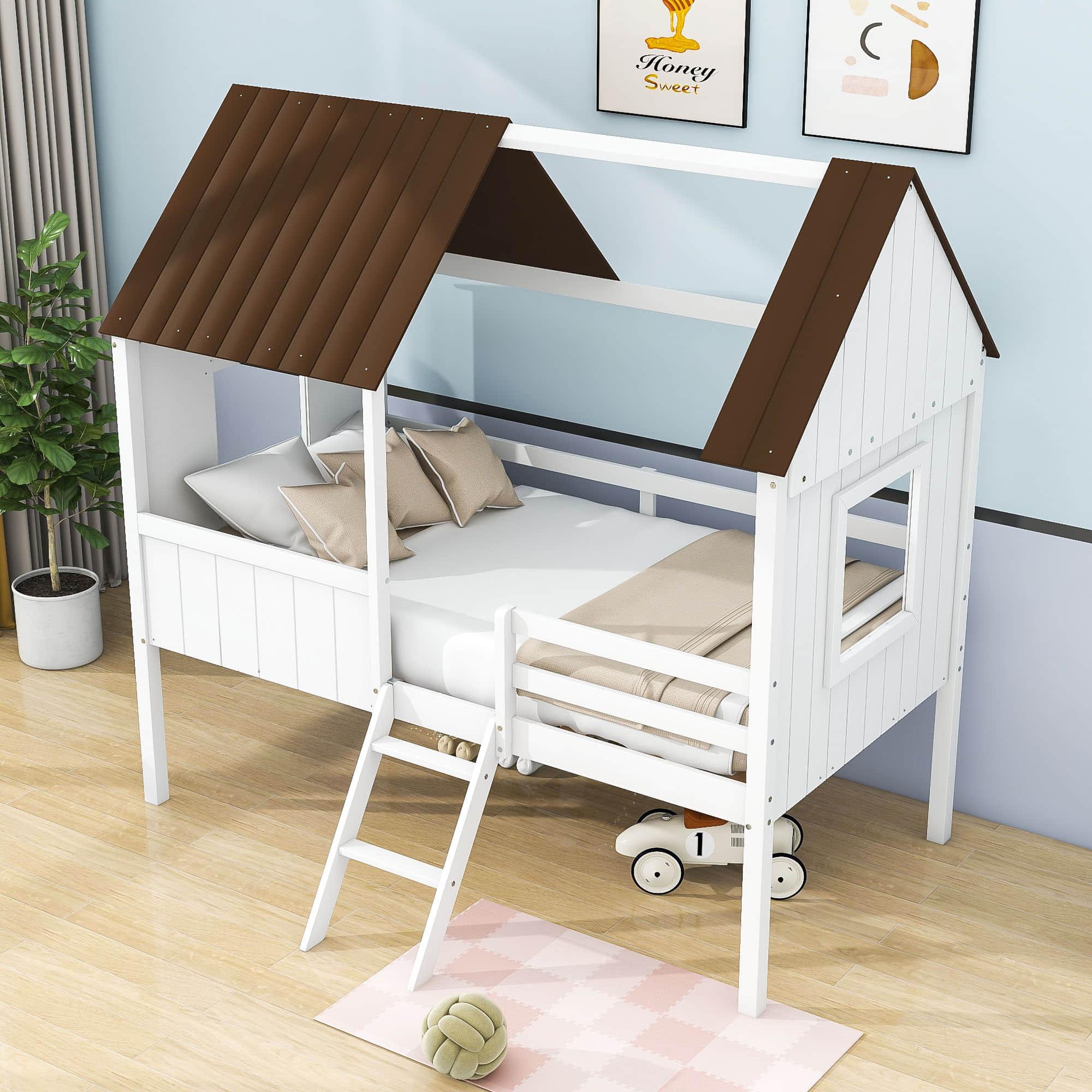 Low Twin Loft House Bed for Kids, Toddler - [Wood, Fun]