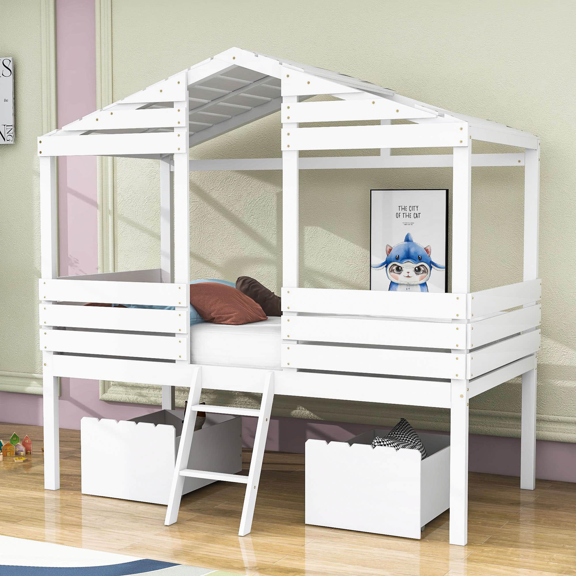 Twin Low Loft FarmHouse Bed with Storage Drawers for Kids - [Wood]