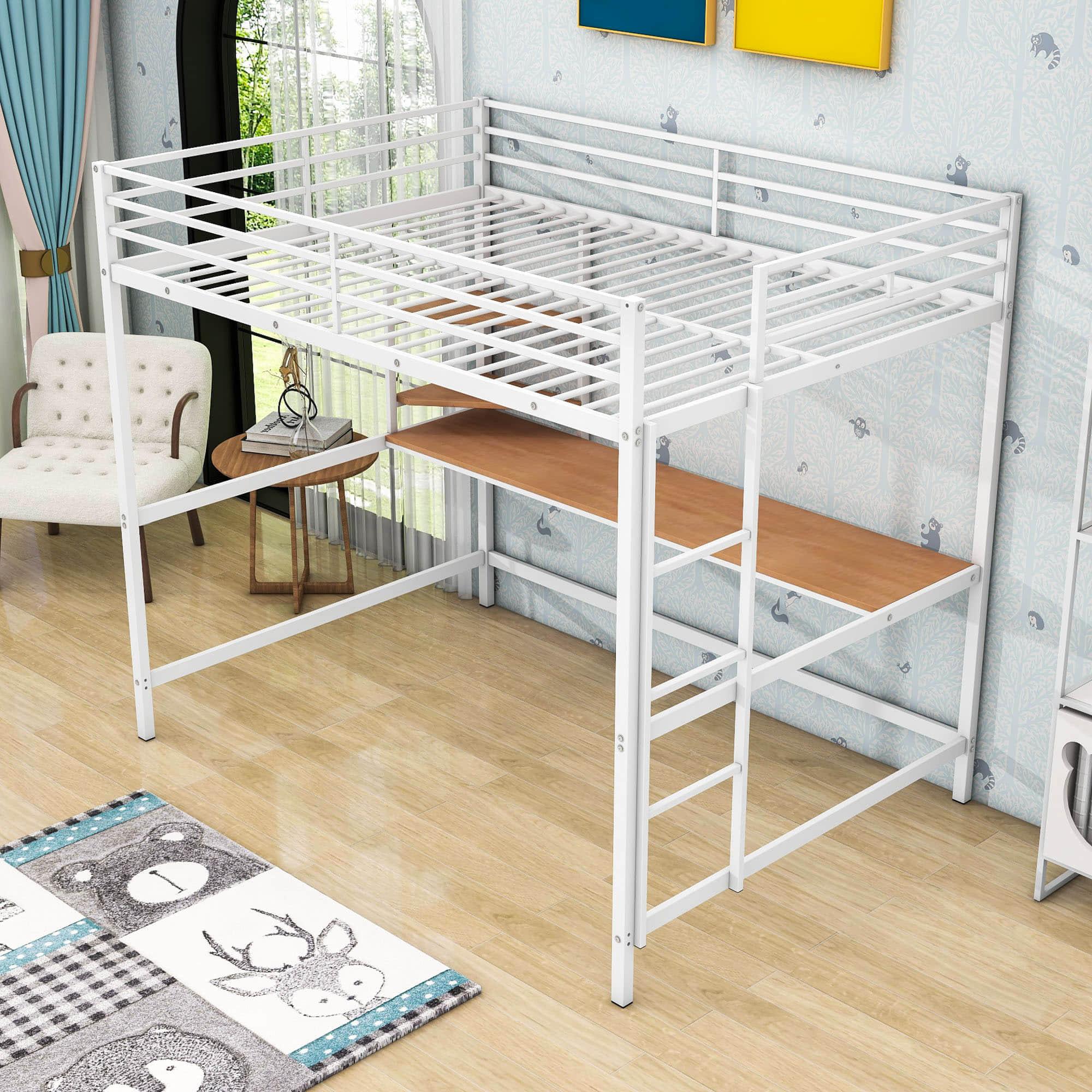 Full Size Metal Loft Bed with Desk and Shelves for Kids, Adults, Teens