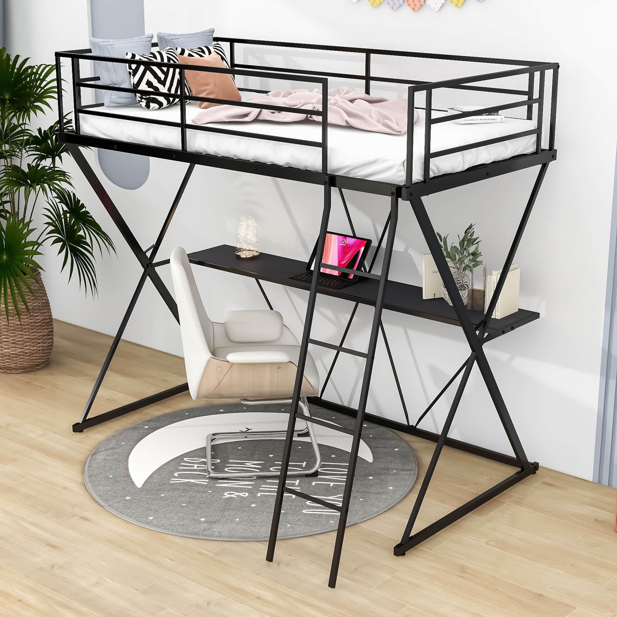 Metal Twin Loft Bed with Desk Underneath for Adults, Teens