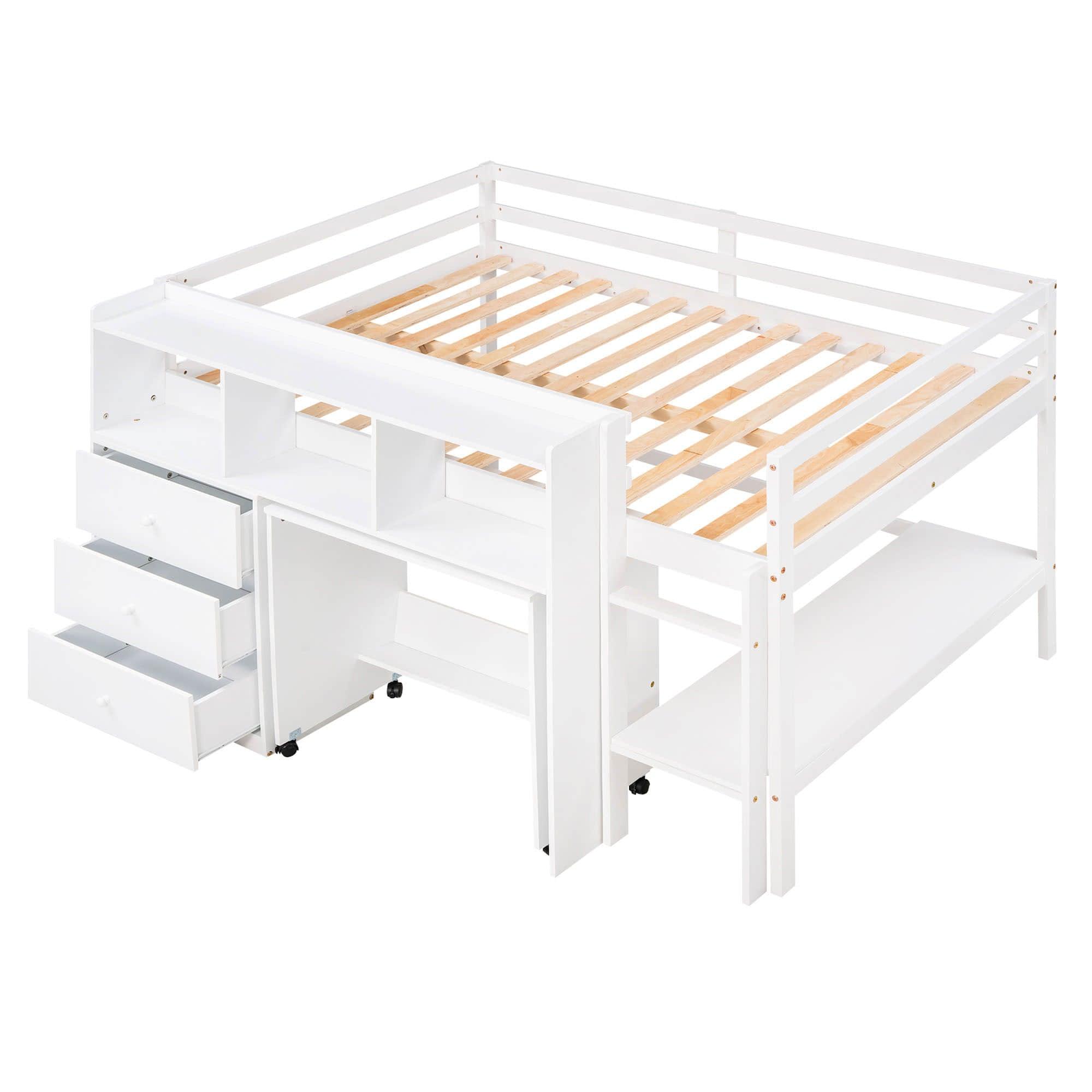 Kids Full Size Low Loft Bed with Portable Desk and Storage - [Wood, Drawers, Shelves]