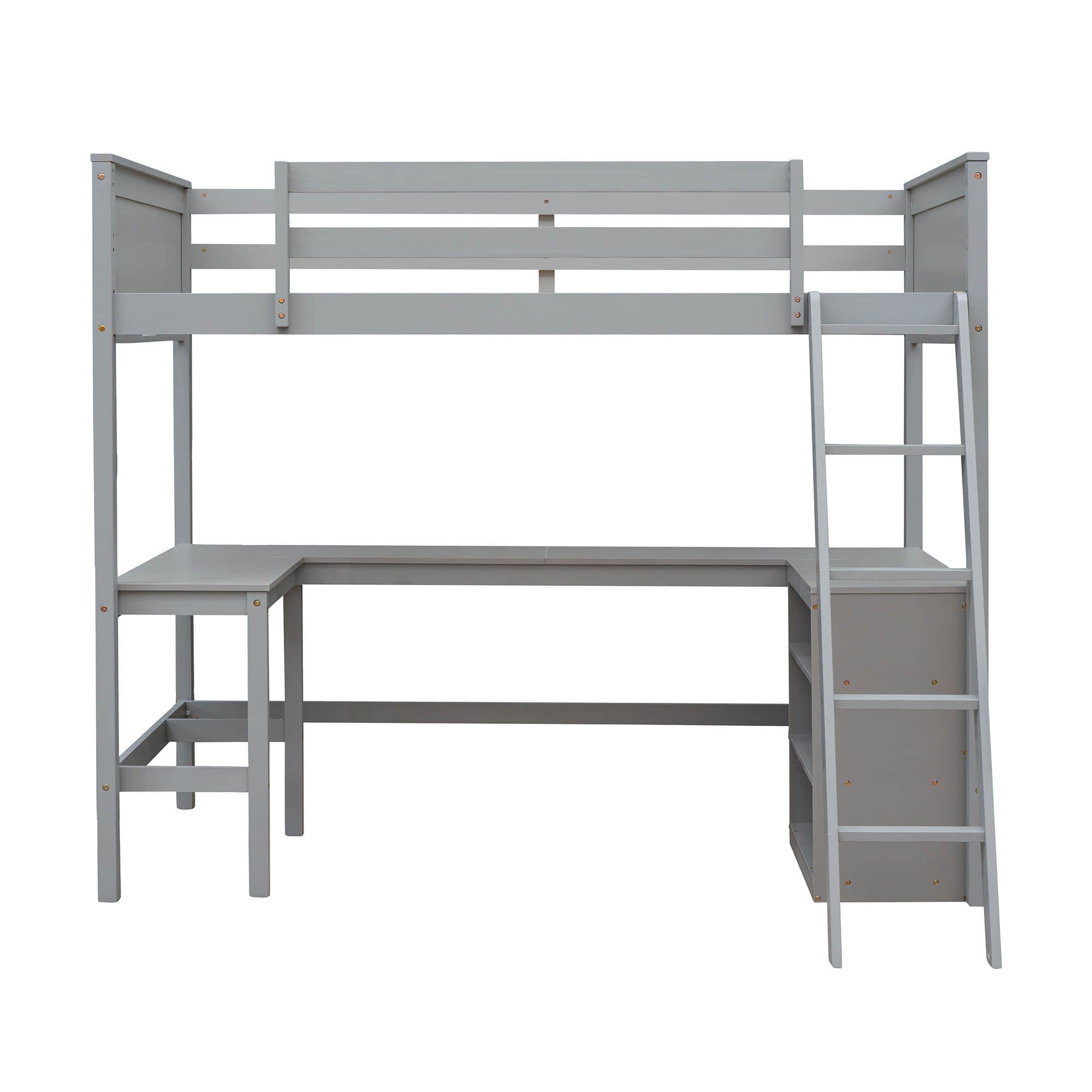 Wood Twin Size Loft Bed with Desk and Storage Shelves for Kids, Adult