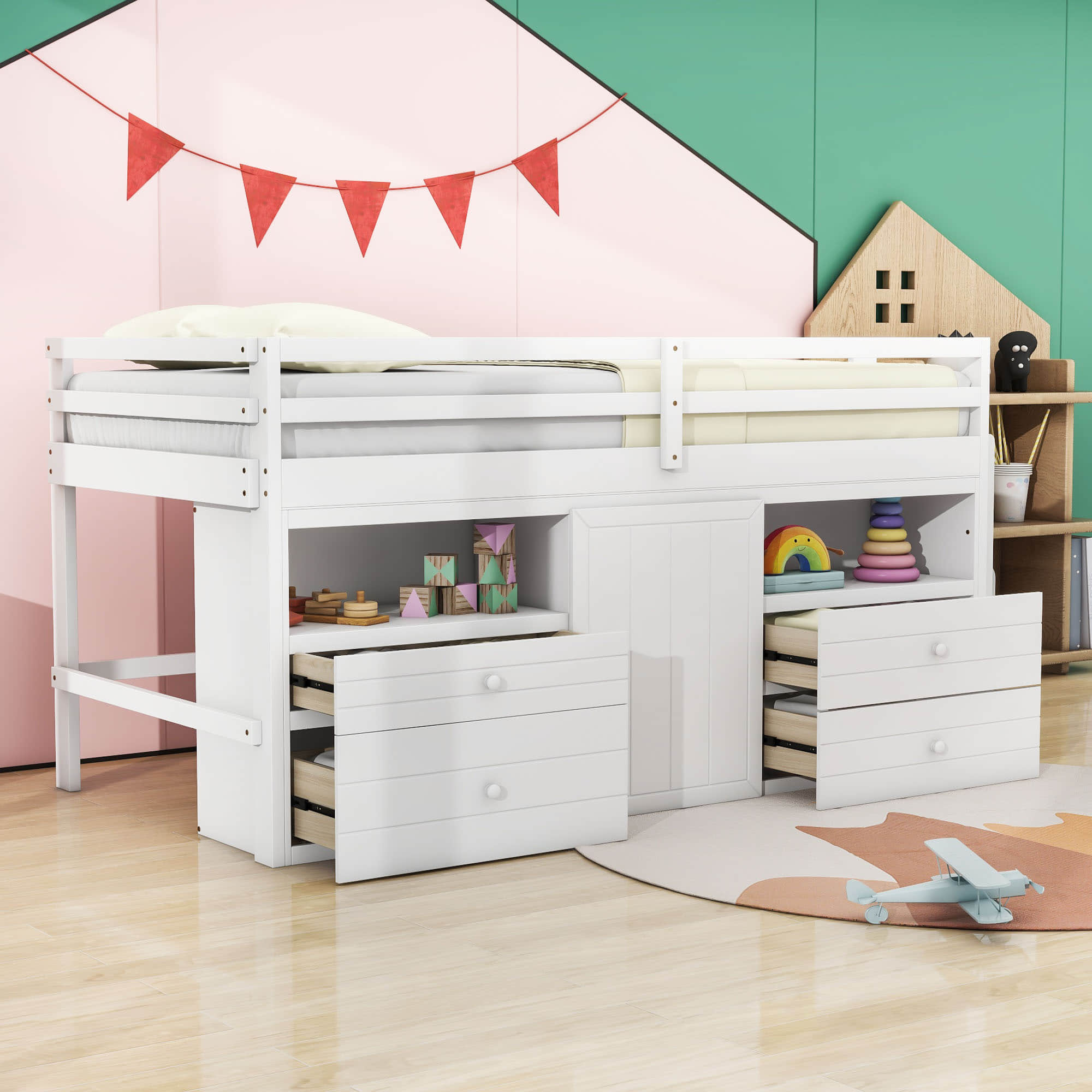 Low Twin Loft Bed Frame with Storage for Kids - [Drawers, Cabinet, Shelves]