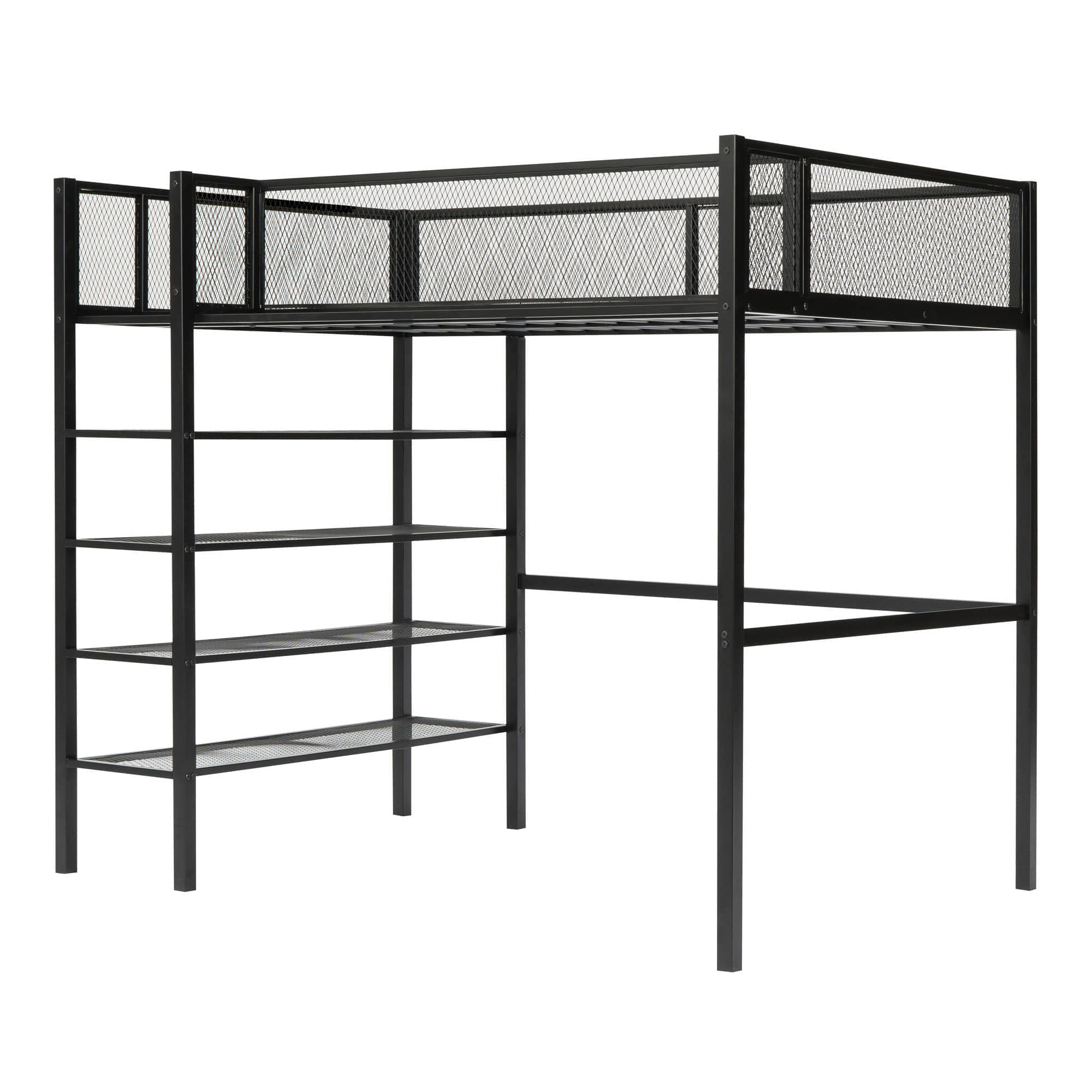 Sturdy Twin Metal Loft Bed Frame with Storage Shelves for Adults, Kids