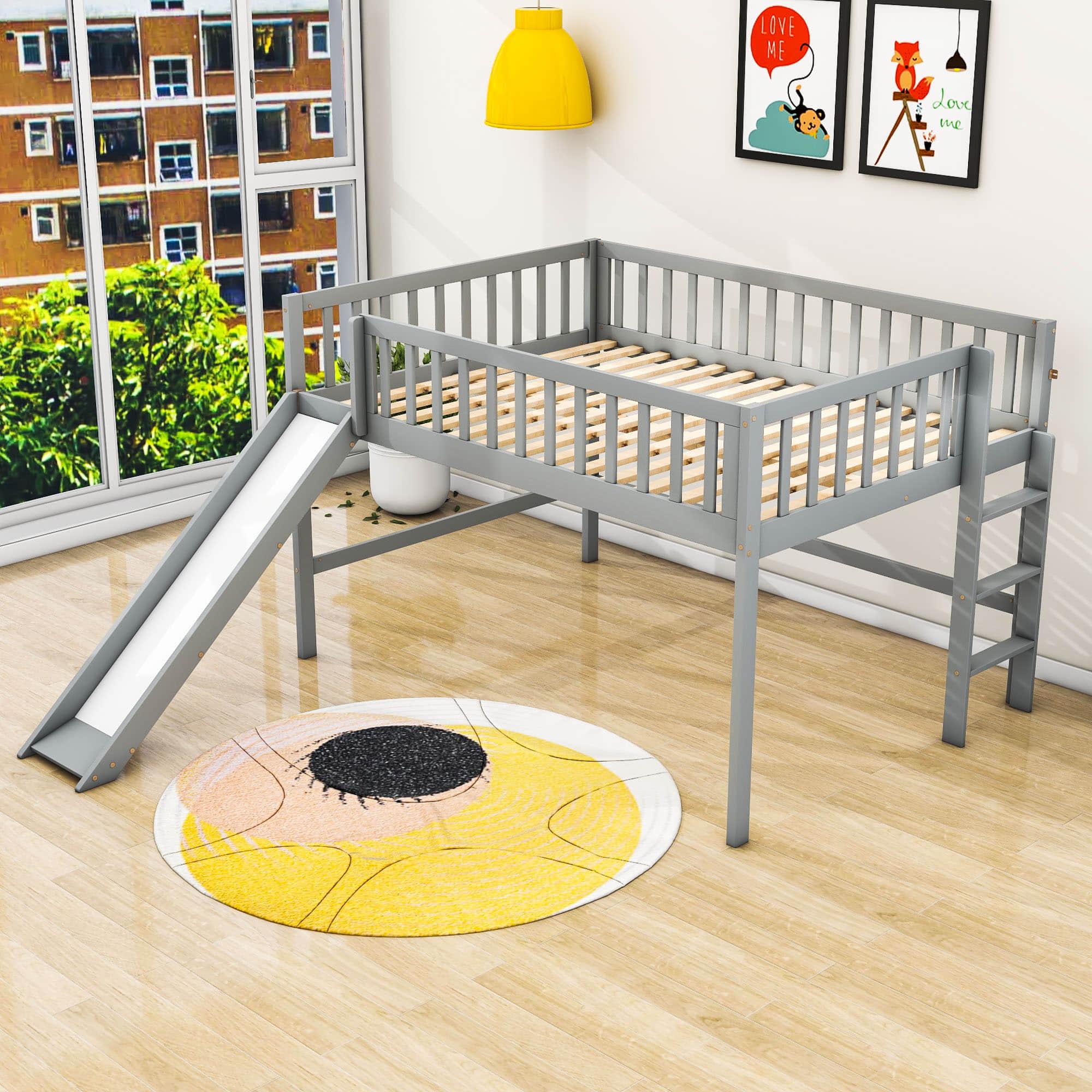 Full Size Low Loft Bed with Slide for Kids Toddler - [Wooden, Fun]