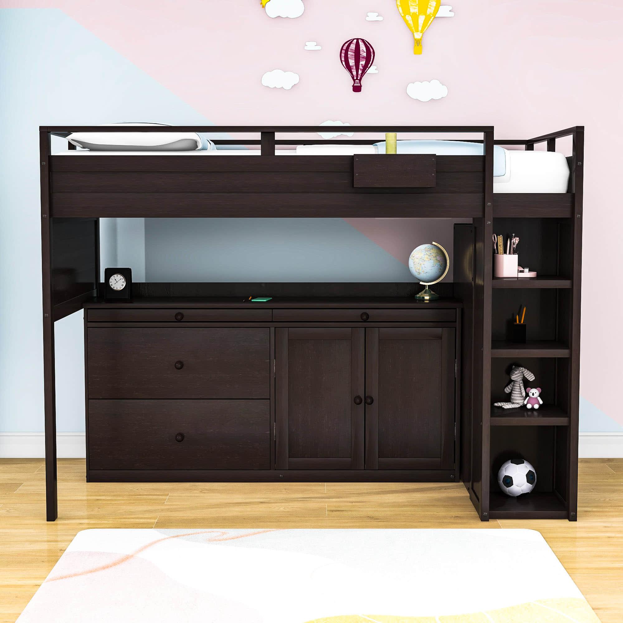 Twin Loft Bed with Desk and Storage for Kids, Teens - [Wooden]