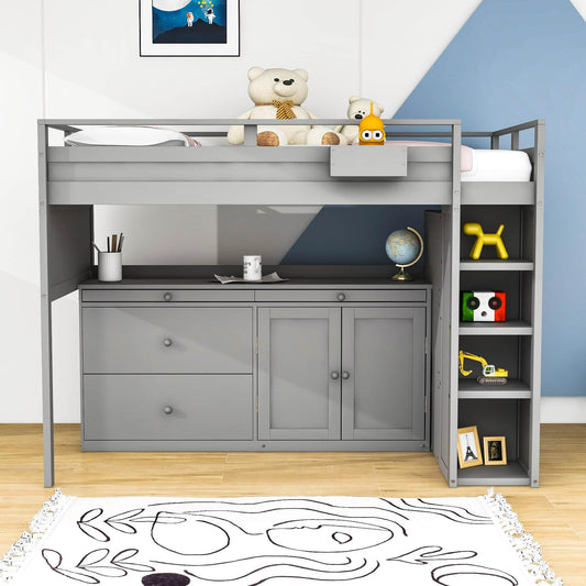 Twin Loft Bed with Desk and Storage for Kids, Teens - [Wooden]