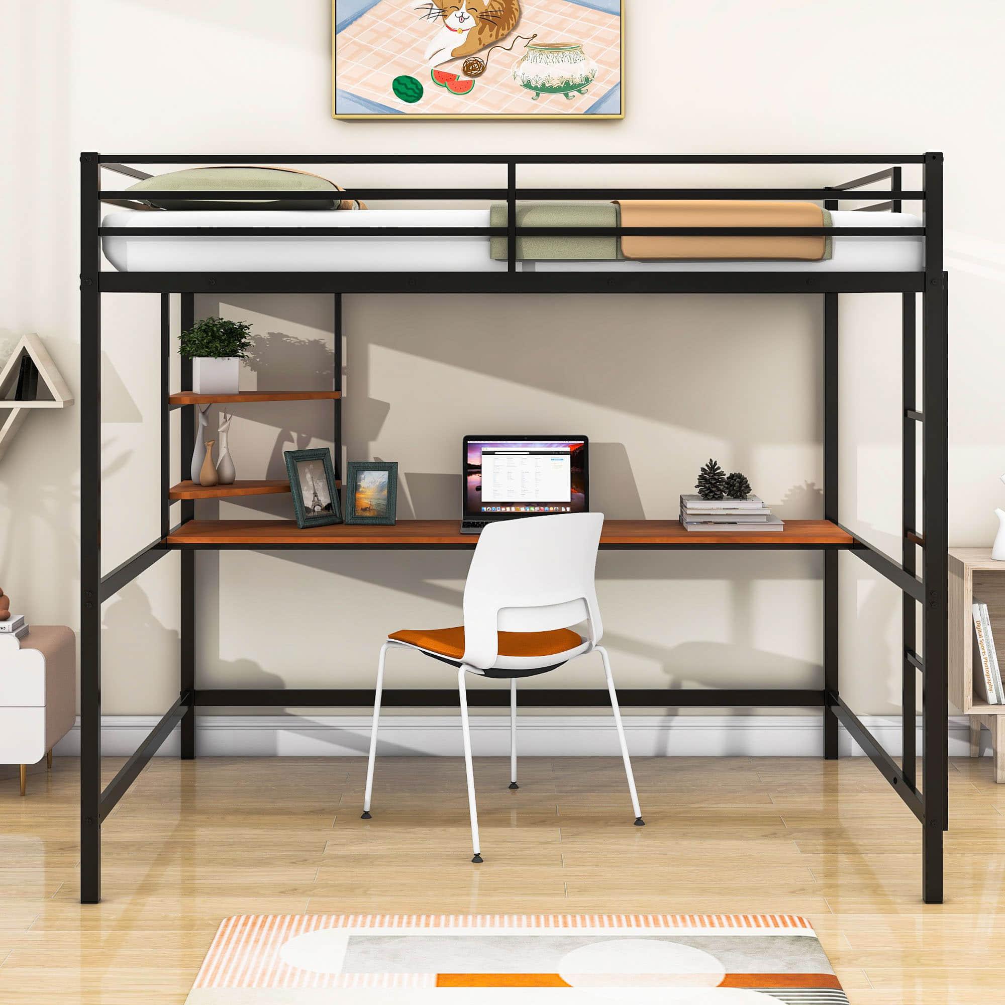 Full Size Metal Loft Bed with Desk and Shelves for Kids, Adults, Teens