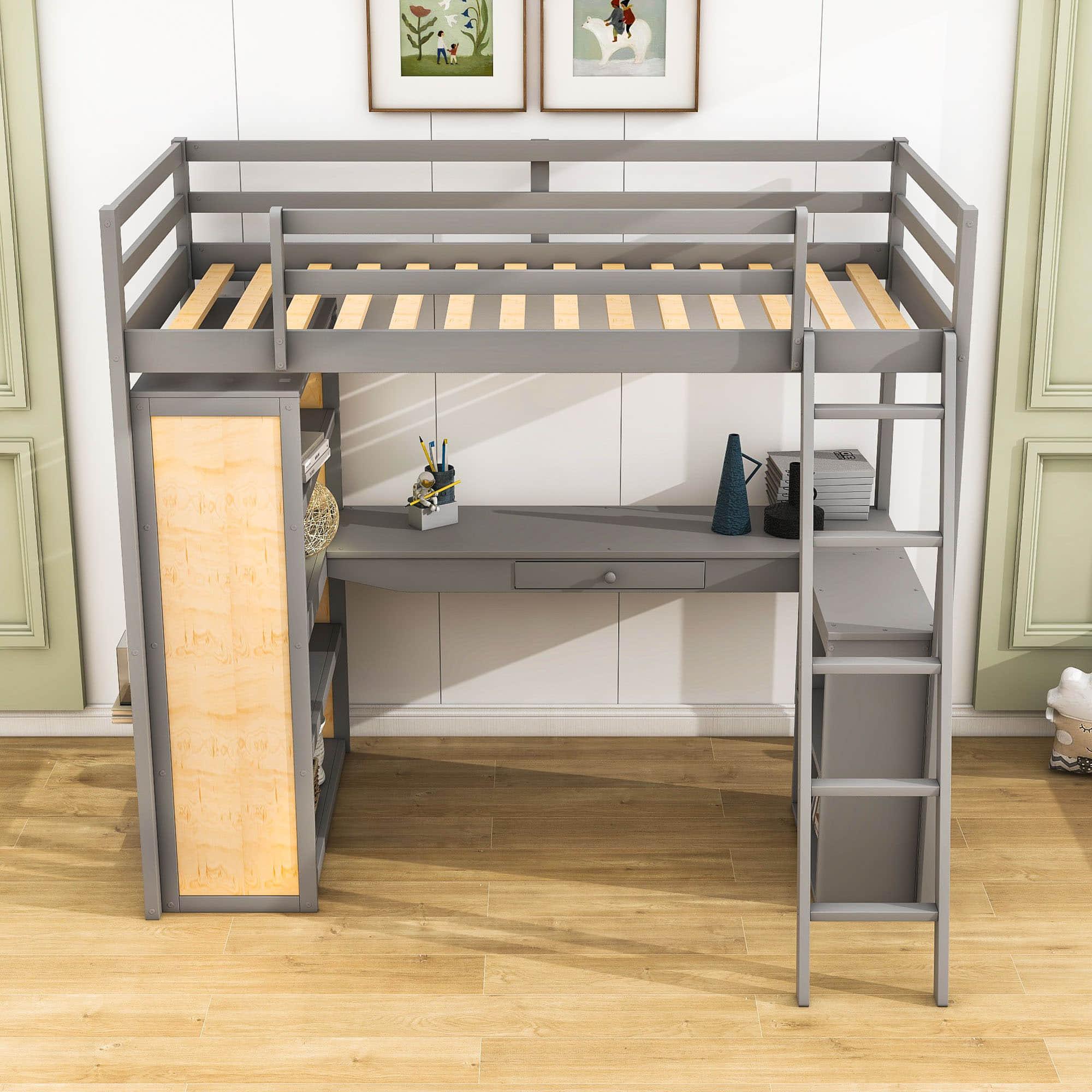 Twin Loft Bed with Desk and Storage Shelves for Adults, Teens