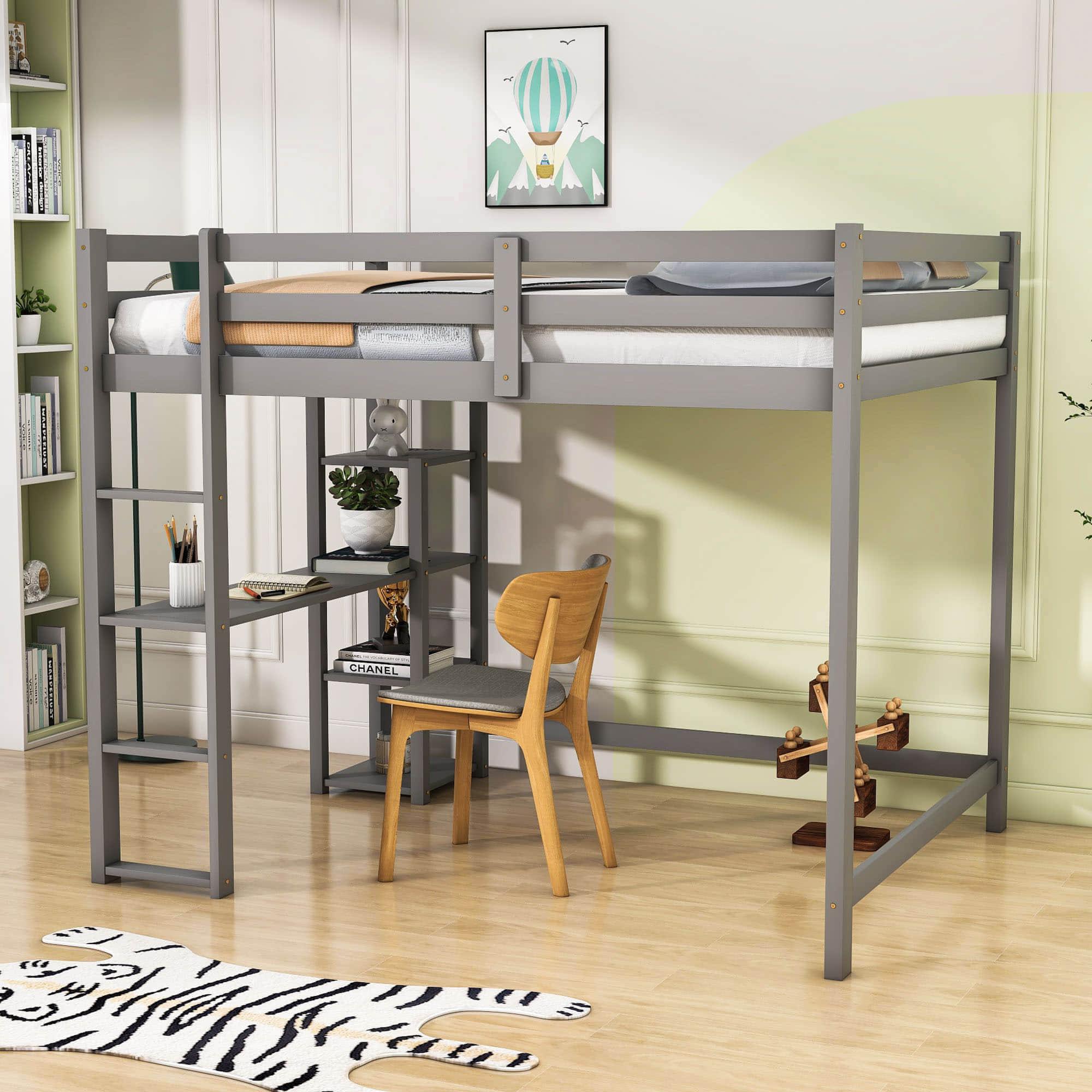 Heavy-Duty Full Size Loft Bed with Desk and Shelves for Adult, Junior - [Wood, Medium]